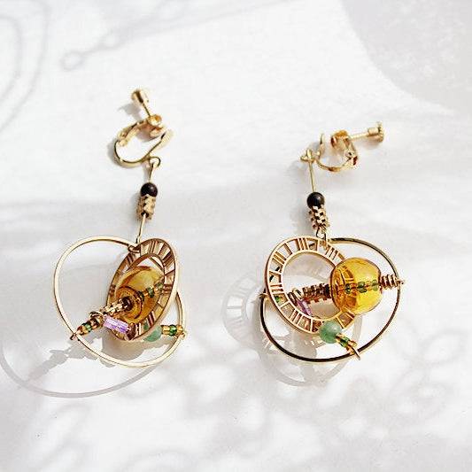 Elegant Planet Saturn Universe Theme Orb Shape Drop Earrings featuring glass orbs and gold-plated bronze, perfect for celestial-themed jewelry lovers.