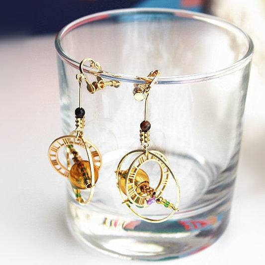 Elegant Planet Saturn Universe Theme Orb Shape Drop Earrings featuring glass orbs and gold-plated bronze, perfect for celestial-themed jewelry lovers.