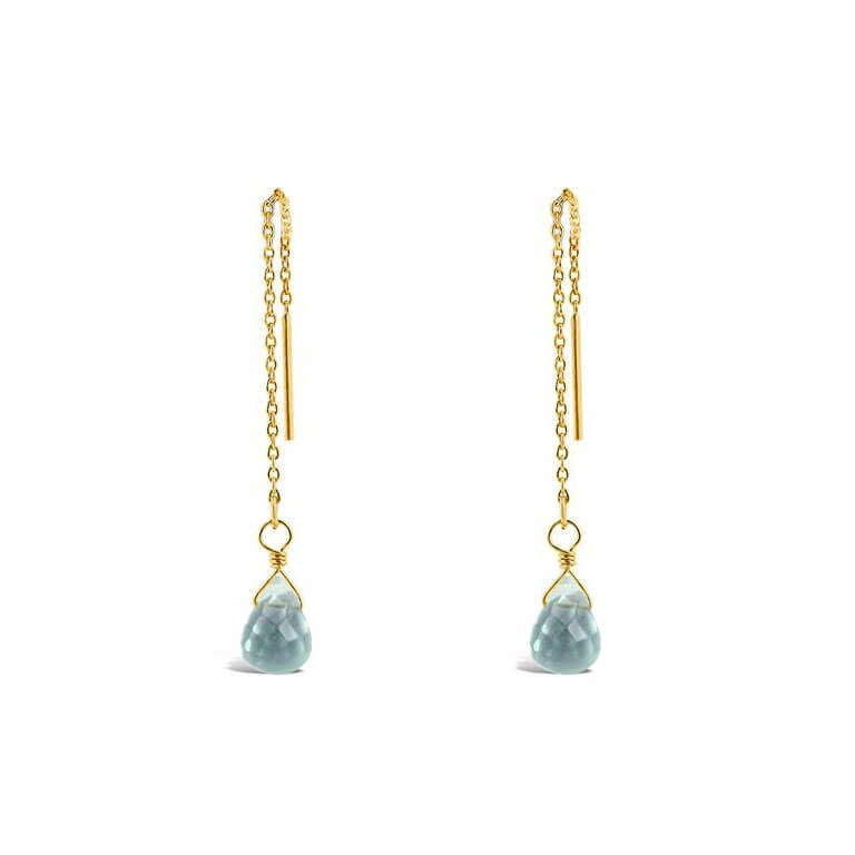 Gold chain earrings with blue teardrop.