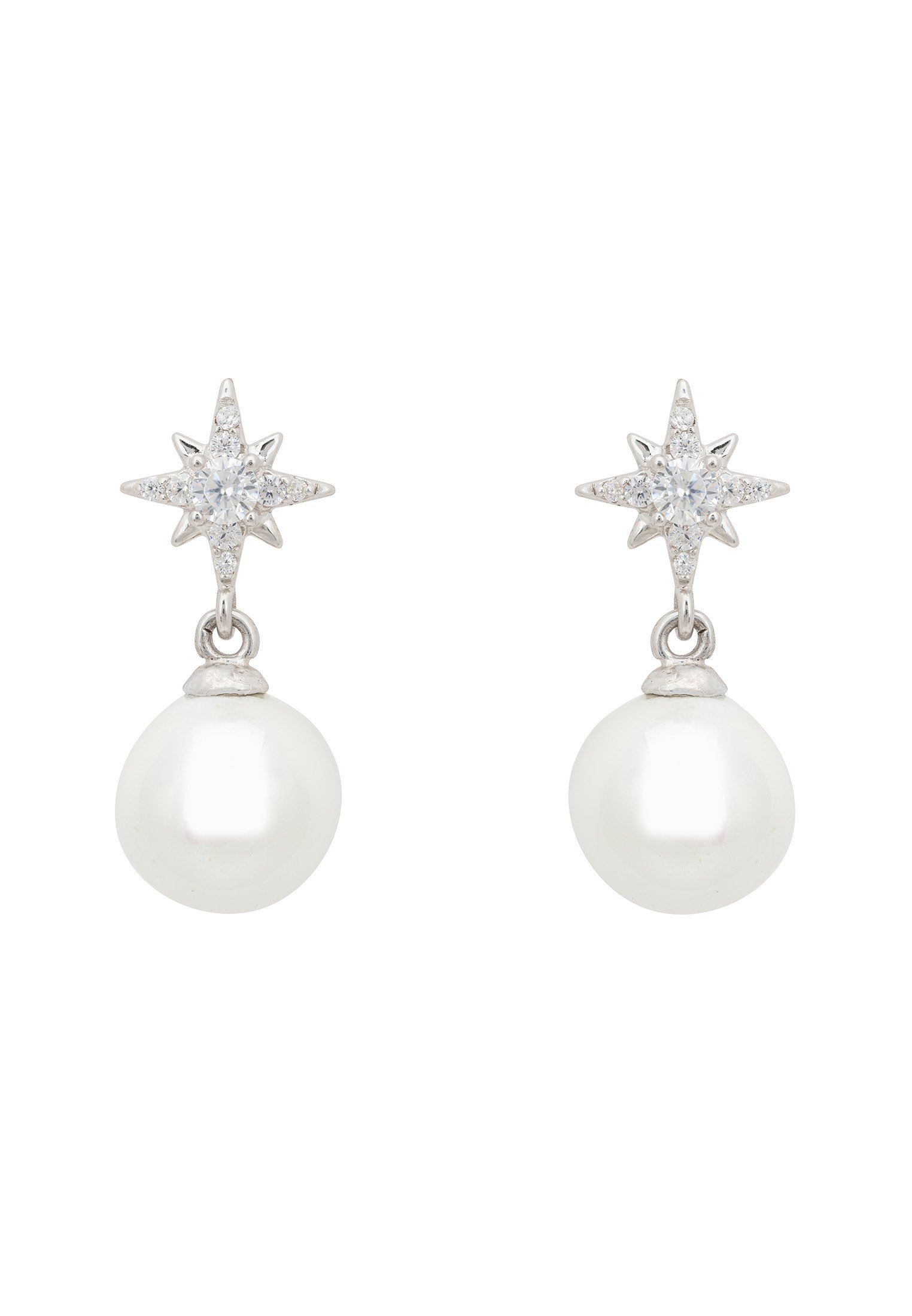 Polaris North Star Pearl Earrings featuring a starburst design with zirconia and a white pearl drop, crafted in sterling silver.