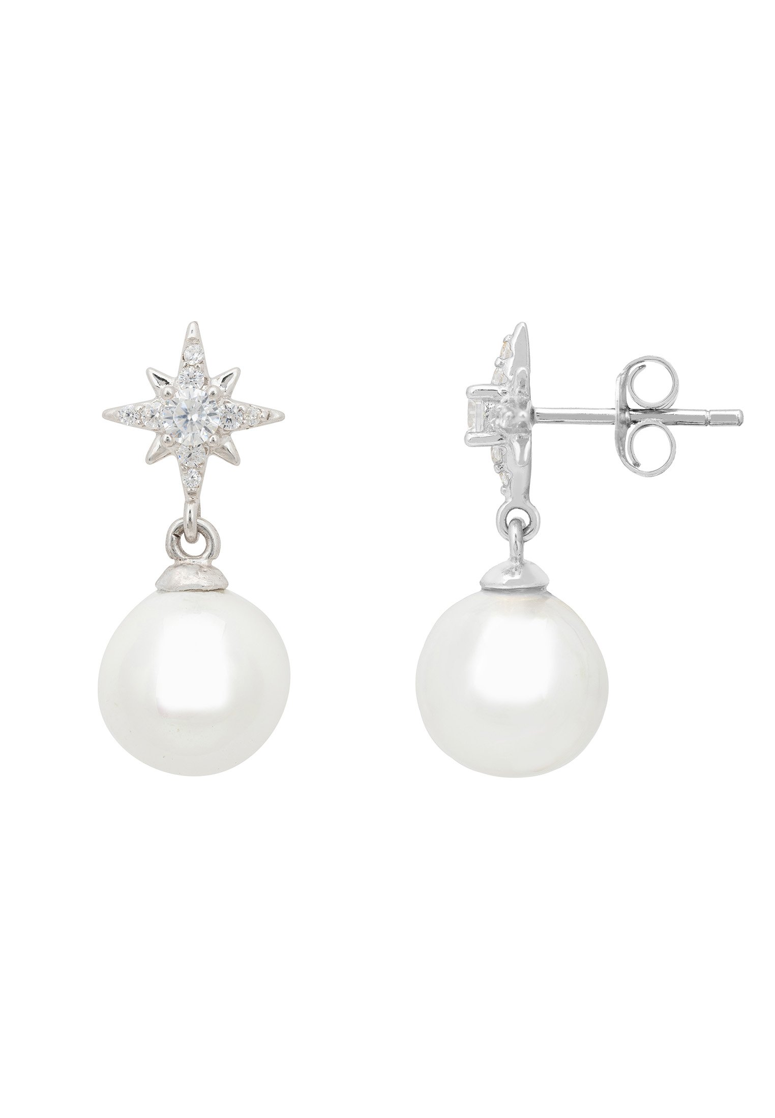 Polaris North Star Pearl Earrings featuring a starburst design with zirconia and a white pearl drop, crafted in sterling silver.