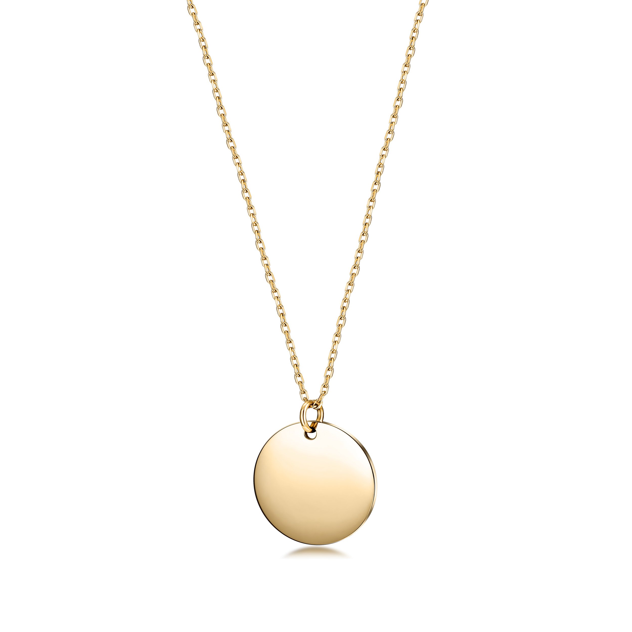 Polished Disc Pendant Necklace made of surgical stainless steel with a gold finish, featuring an engravable disc.