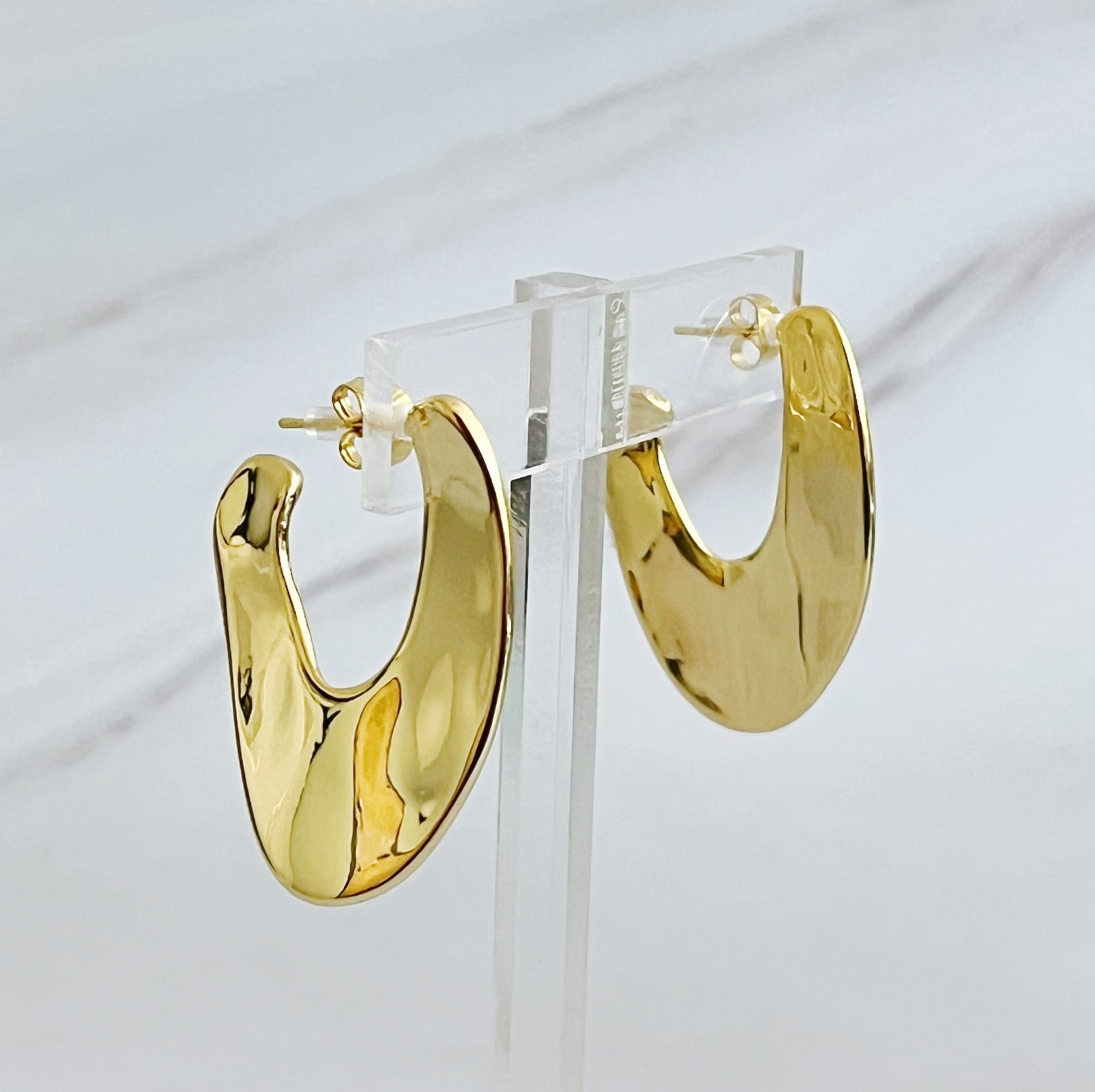 Polished Golden Art Hoop Earrings showcasing a sleek and minimalist design, crafted from 18k gold plated brass.