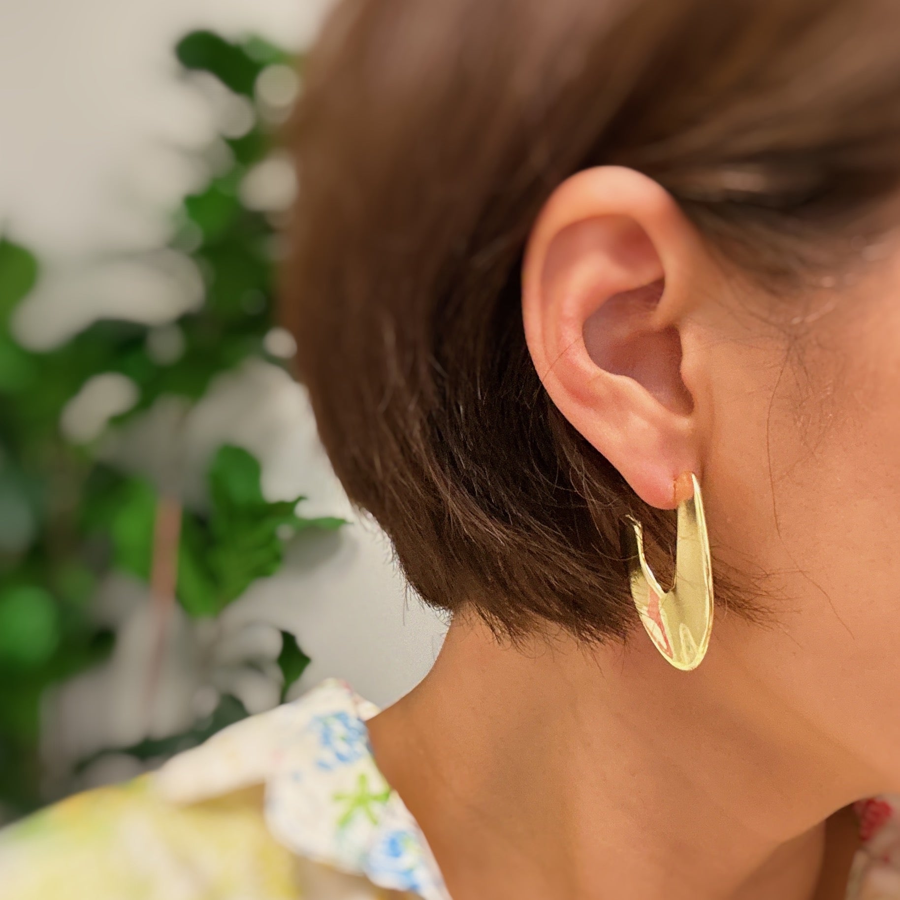 Polished Golden Art Hoop Earrings showcasing a sleek and minimalist design, crafted from 18k gold plated brass.