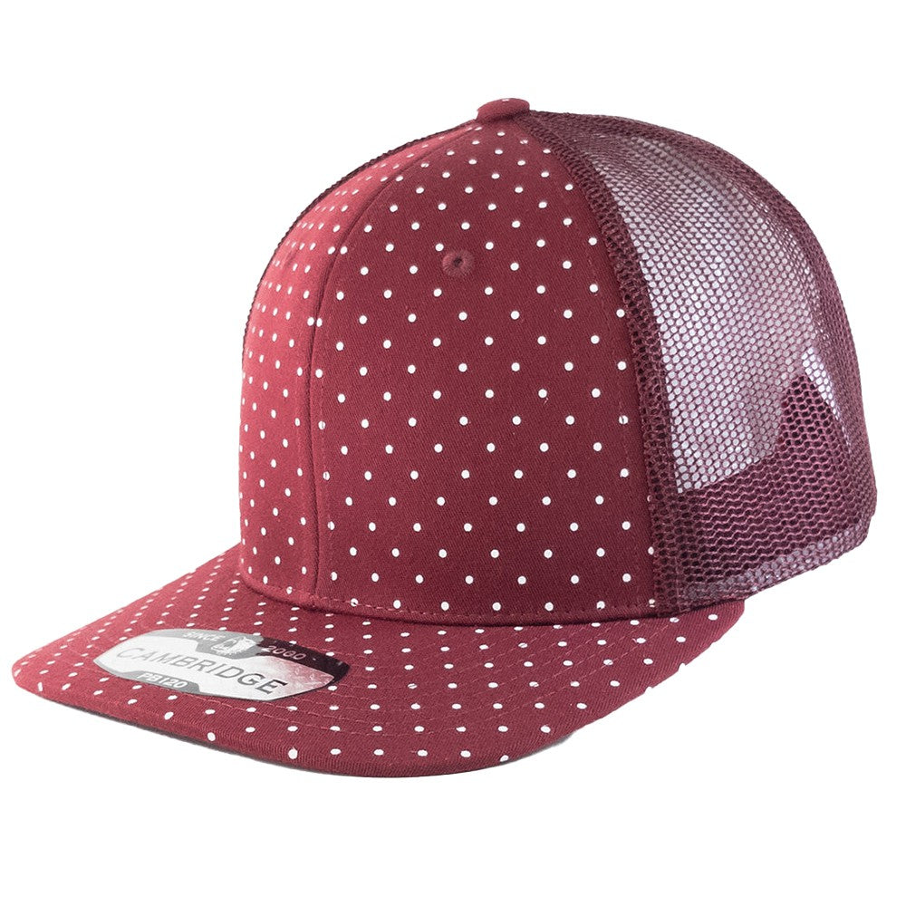 A pack of 6 Polkadot 6 Panel Mesh Trucker Hats featuring a stylish polkadot print, high-profile design, and flat visor.