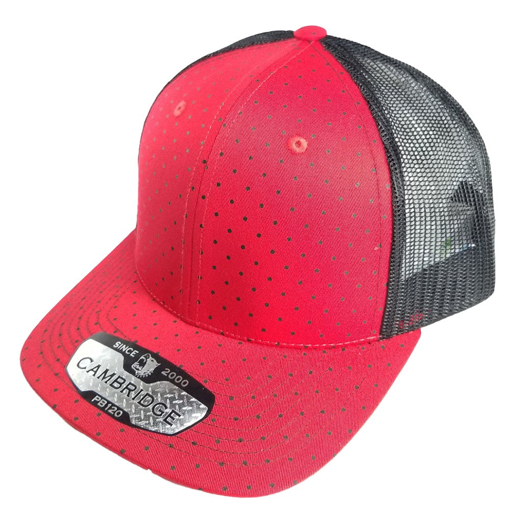 A pack of 6 Polkadot 6 Panel Mesh Trucker Hats featuring a stylish polkadot print, high-profile design, and flat visor.