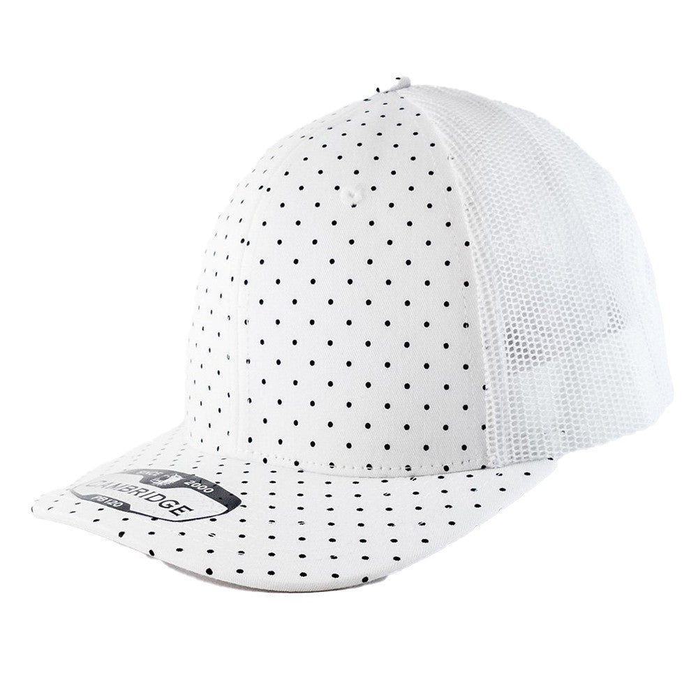 A pack of 6 Polkadot 6 Panel Mesh Trucker Hats featuring a stylish polkadot print, high-profile design, and flat visor.