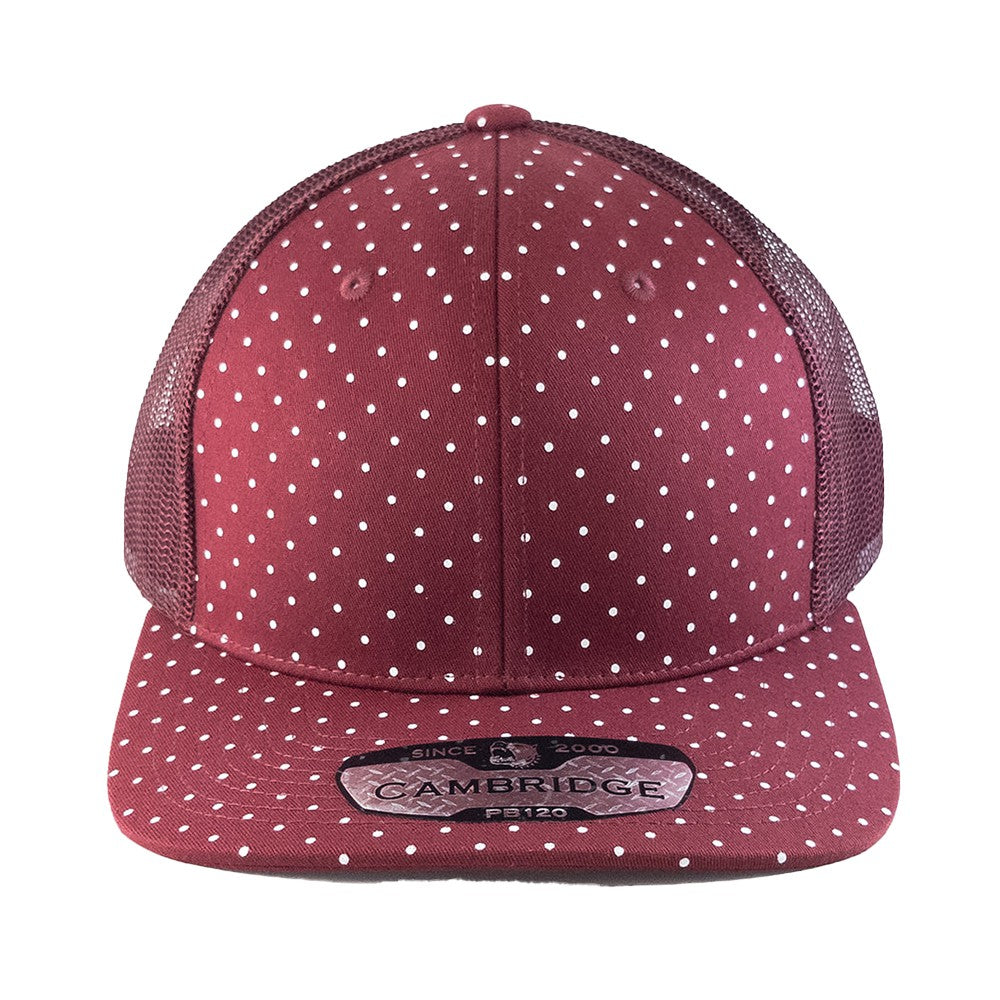 A pack of 6 Polkadot 6 Panel Mesh Trucker Hats featuring a stylish polkadot print, high-profile design, and flat visor.