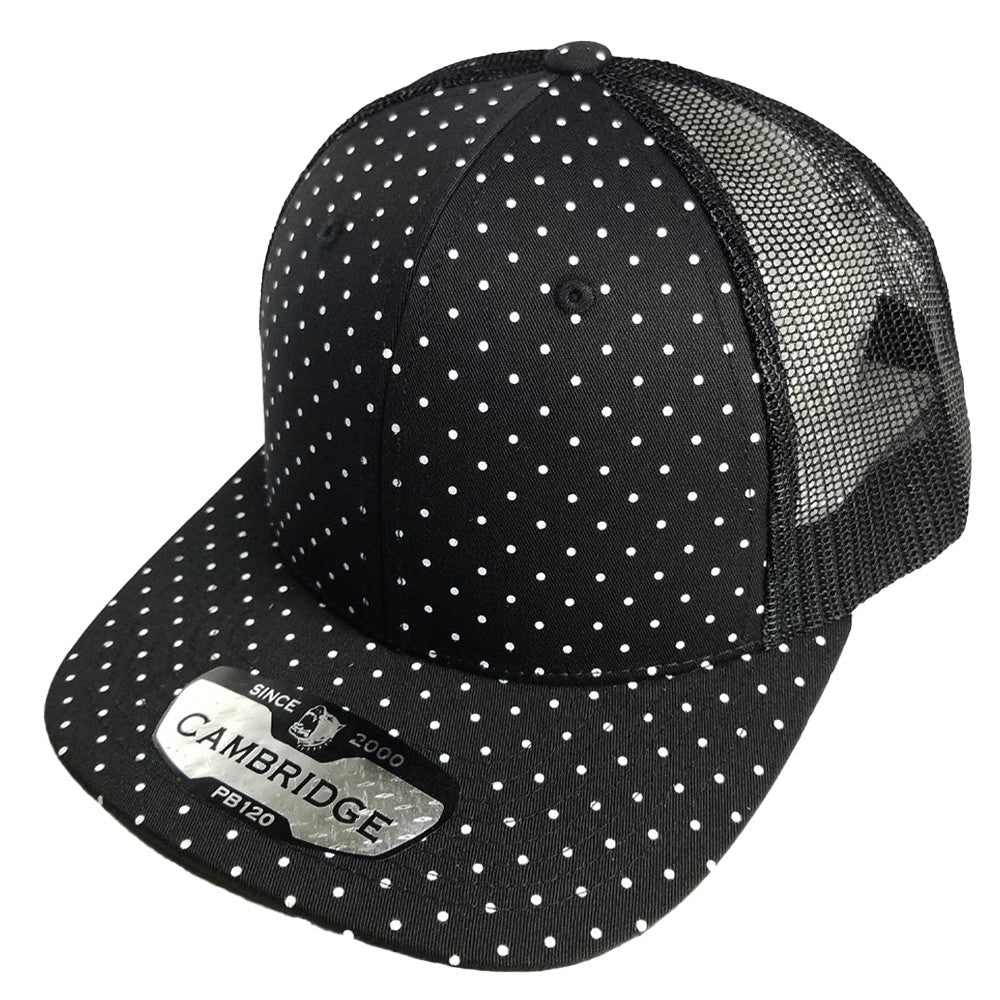 A pack of 6 Polkadot 6 Panel Mesh Trucker Hats featuring a stylish polkadot print, high-profile design, and flat visor.