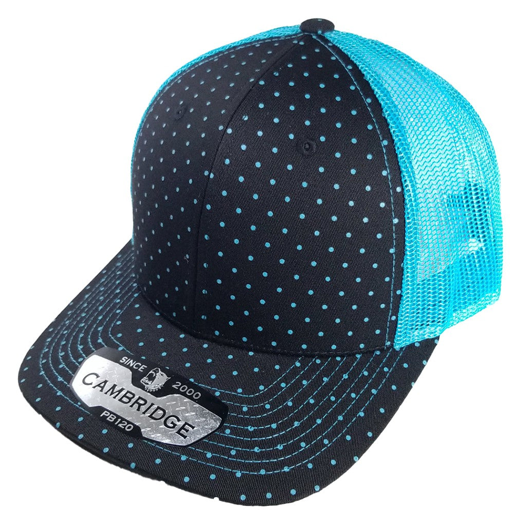 A pack of 6 Polkadot 6 Panel Mesh Trucker Hats featuring a stylish polkadot print, high-profile design, and flat visor.