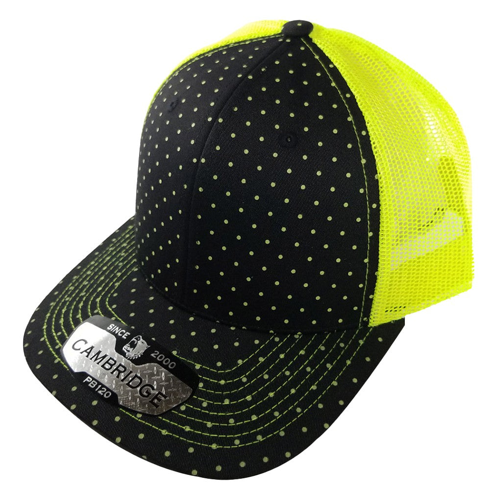 A pack of 6 Polkadot 6 Panel Mesh Trucker Hats featuring a stylish polkadot print, high-profile design, and flat visor.