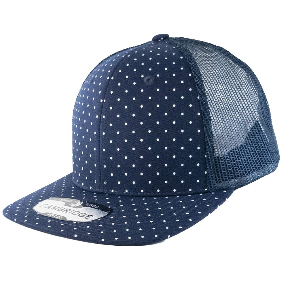 A pack of 6 Polkadot 6 Panel Mesh Trucker Hats featuring a stylish polkadot print, high-profile design, and flat visor.