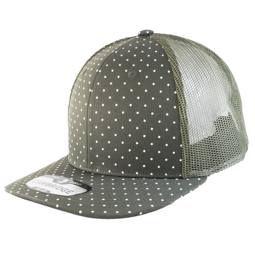 A pack of 6 Polkadot 6 Panel Mesh Trucker Hats featuring a stylish polkadot print, high-profile design, and flat visor.