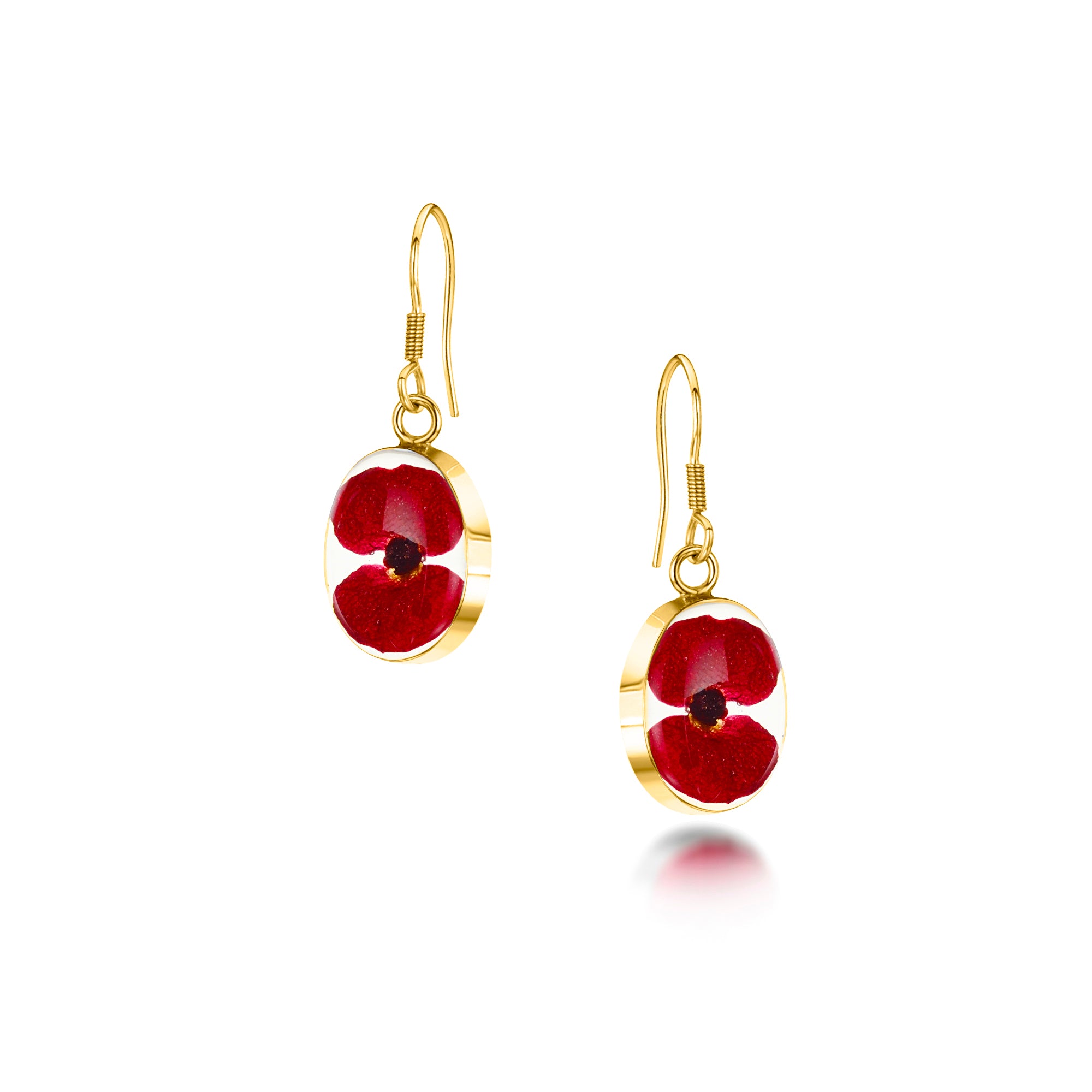 Sterling silver drop dangle earrings featuring real poppy flowers in an oval design, elegantly displayed in a gift box.