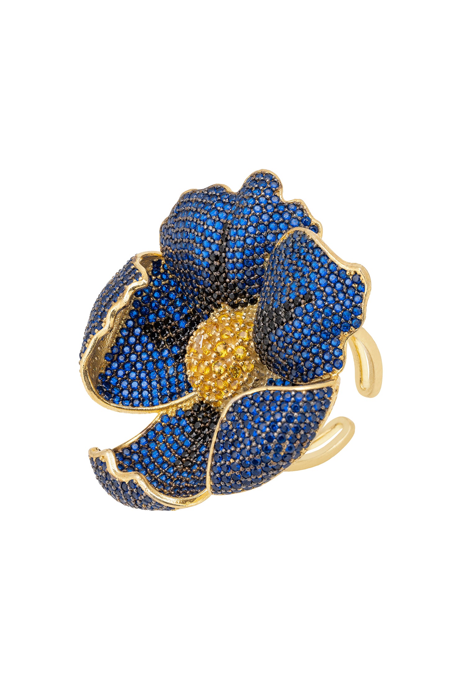 A stunning Poppy Flower Blue Ring Gold featuring sapphire blue and black cubic zirconia petals with a brilliant yellow center, crafted from 925 sterling silver dipped in 22ct gold.