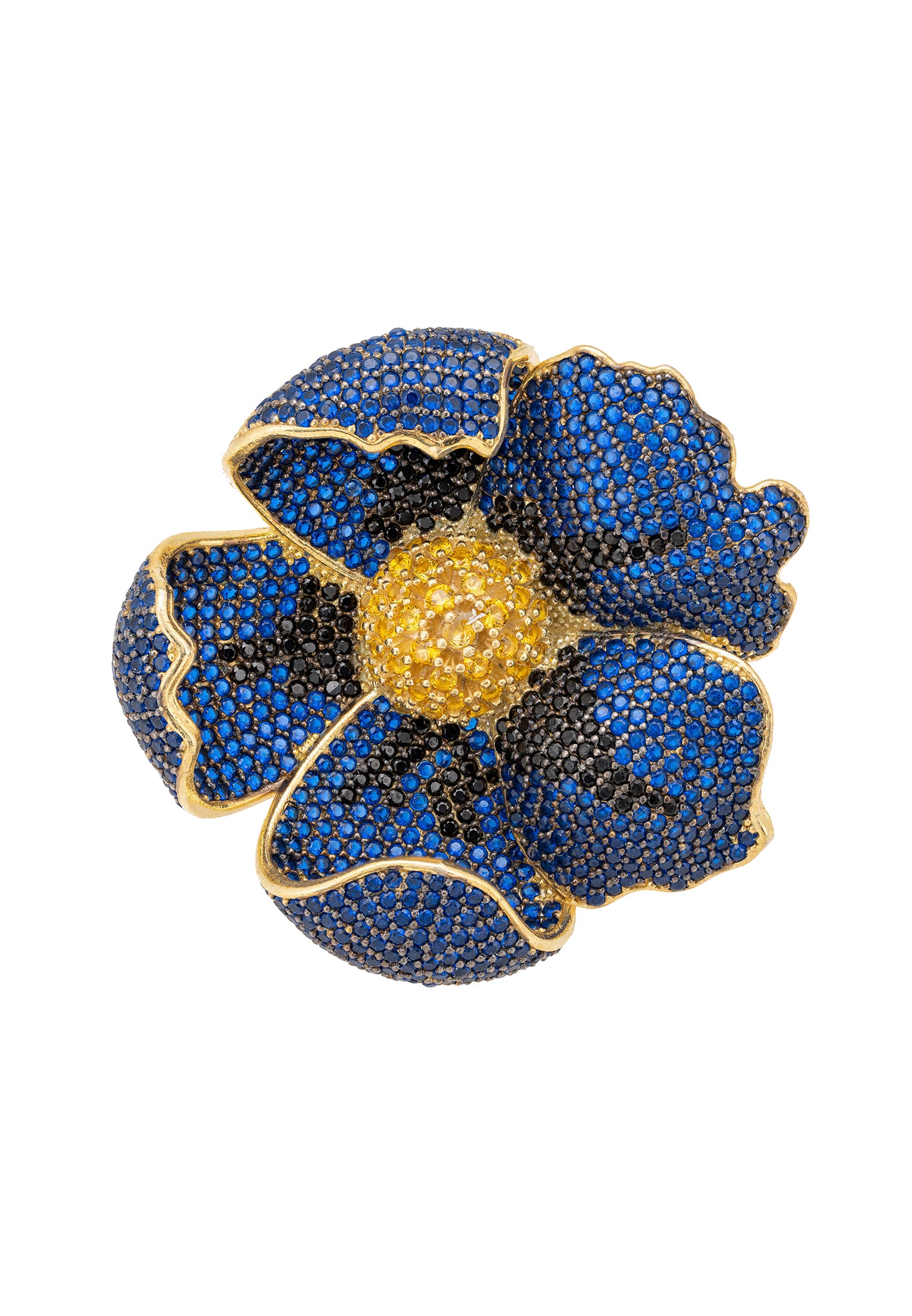 A stunning Poppy Flower Blue Ring Gold featuring sapphire blue and black cubic zirconia petals with a brilliant yellow center, crafted from 925 sterling silver dipped in 22ct gold.