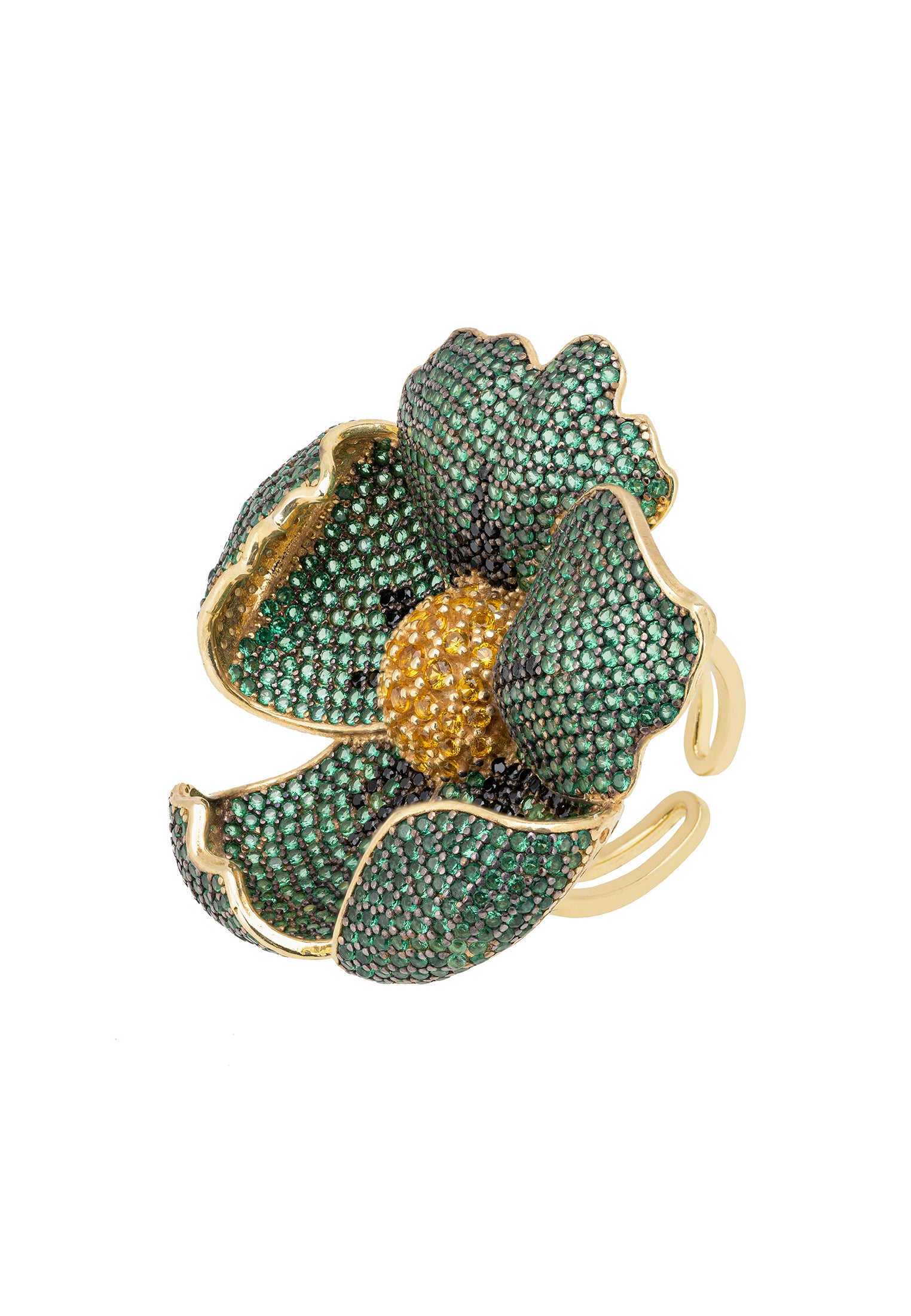 A stunning Poppy Flower Green Ring Gold featuring emerald green and black cubic zirconia, crafted from 925 sterling silver dipped in 22ct gold.