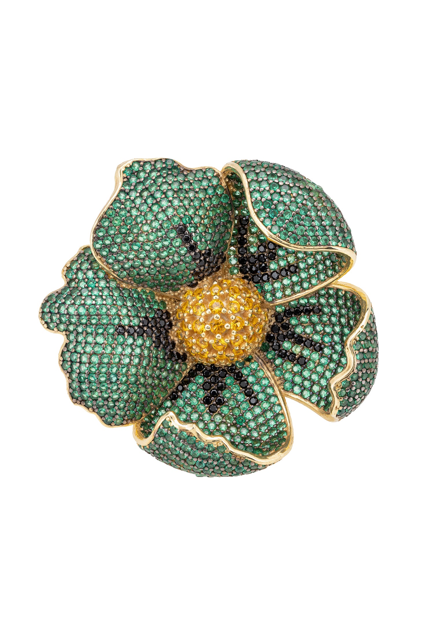 A stunning Poppy Flower Green Ring Gold featuring emerald green and black cubic zirconia, crafted from 925 sterling silver dipped in 22ct gold.