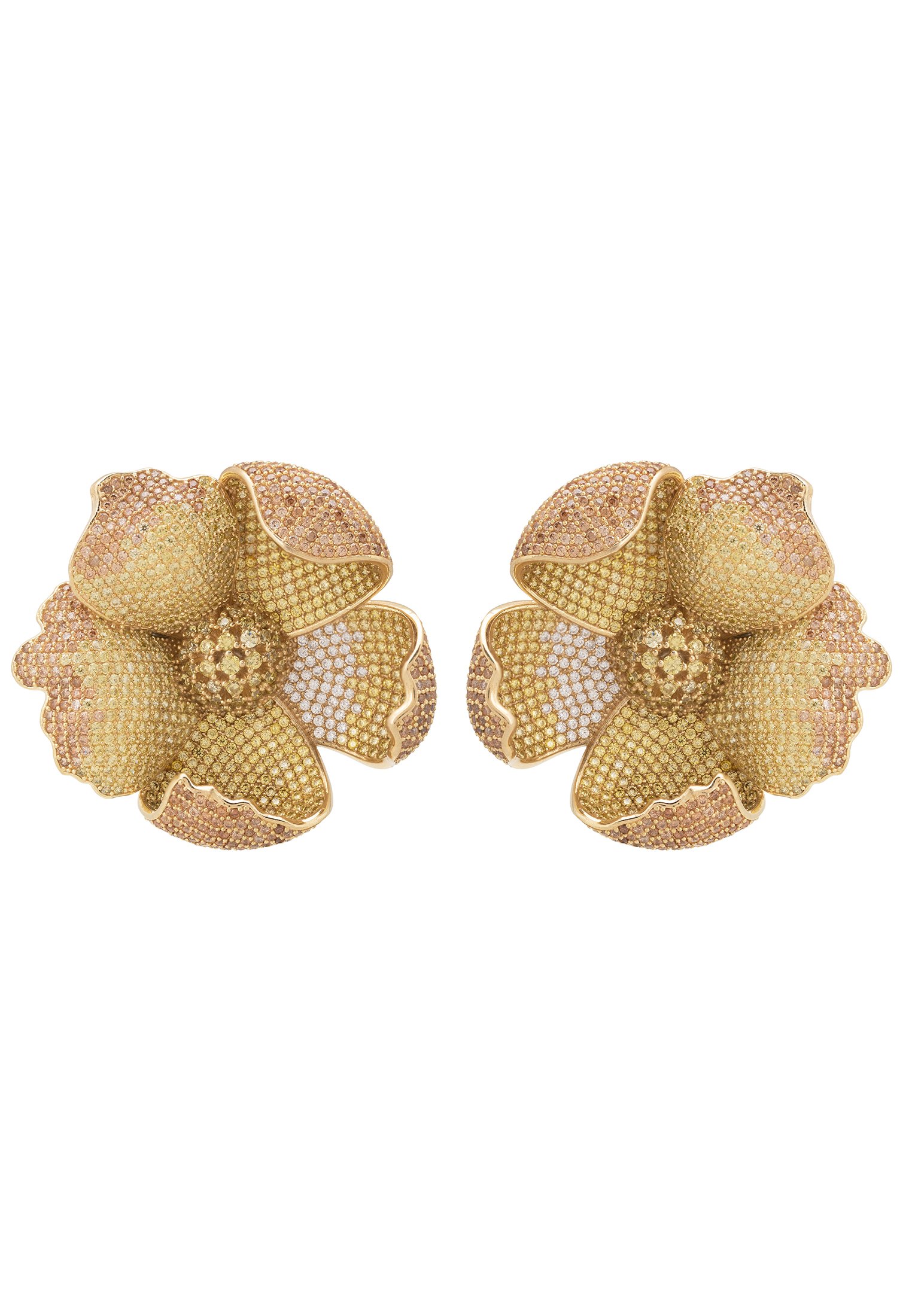 Elegant Poppy Flower Lemon Earrings in gold with sparkling cubic zirconia, featuring a vibrant floral design.