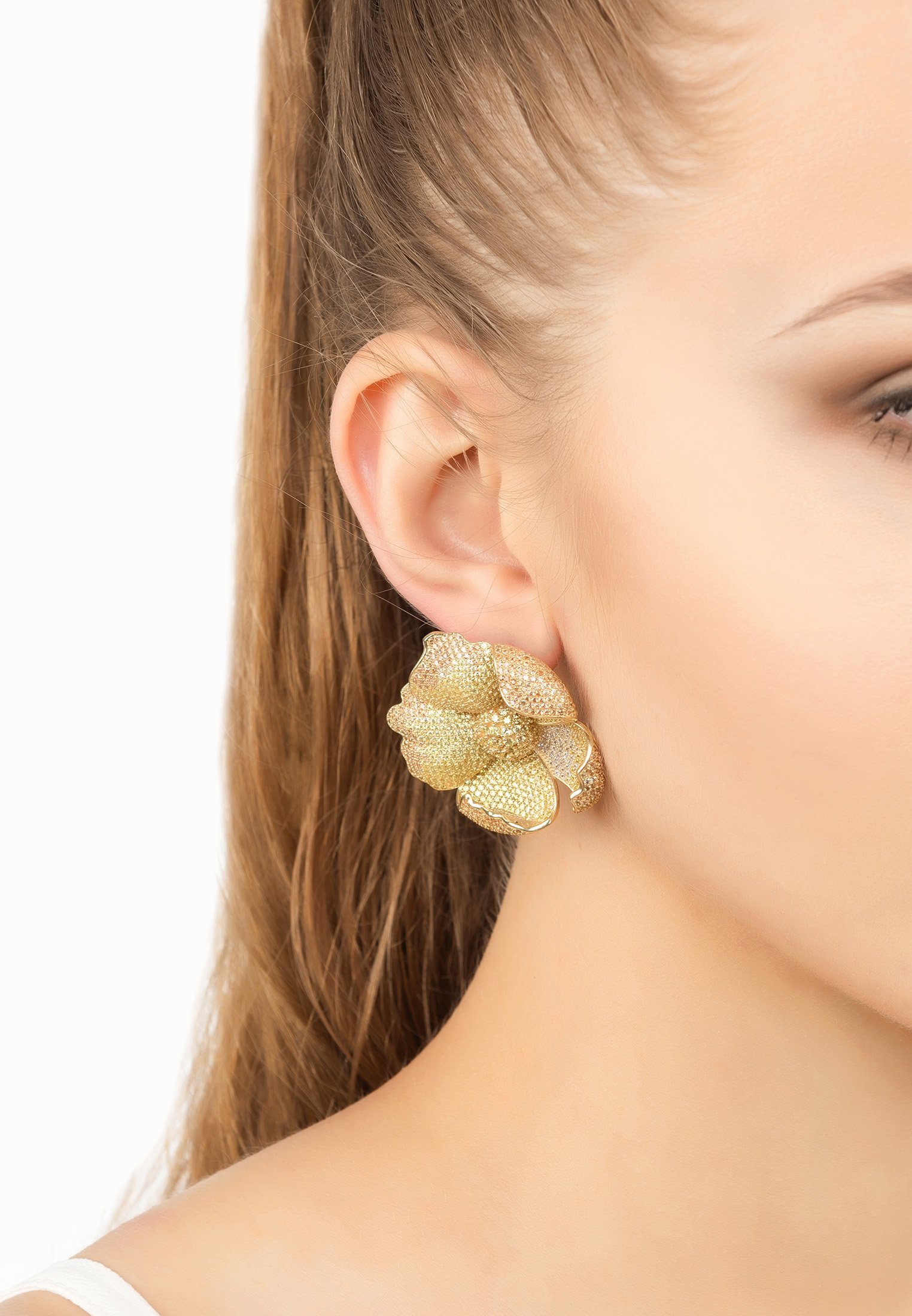 Elegant Poppy Flower Lemon Earrings in gold with sparkling cubic zirconia, featuring a vibrant floral design.