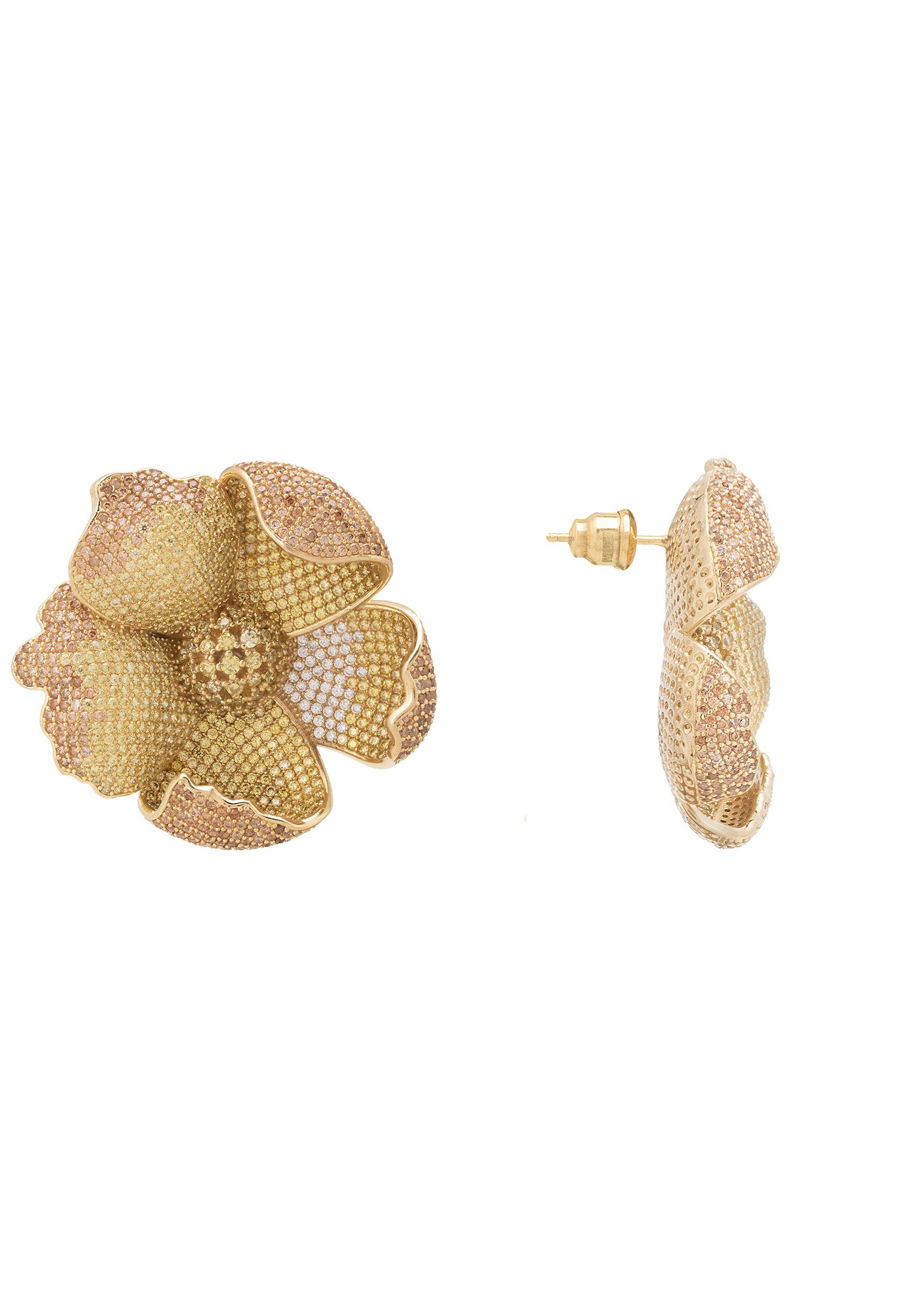 Elegant Poppy Flower Lemon Earrings in gold with sparkling cubic zirconia, featuring a vibrant floral design.