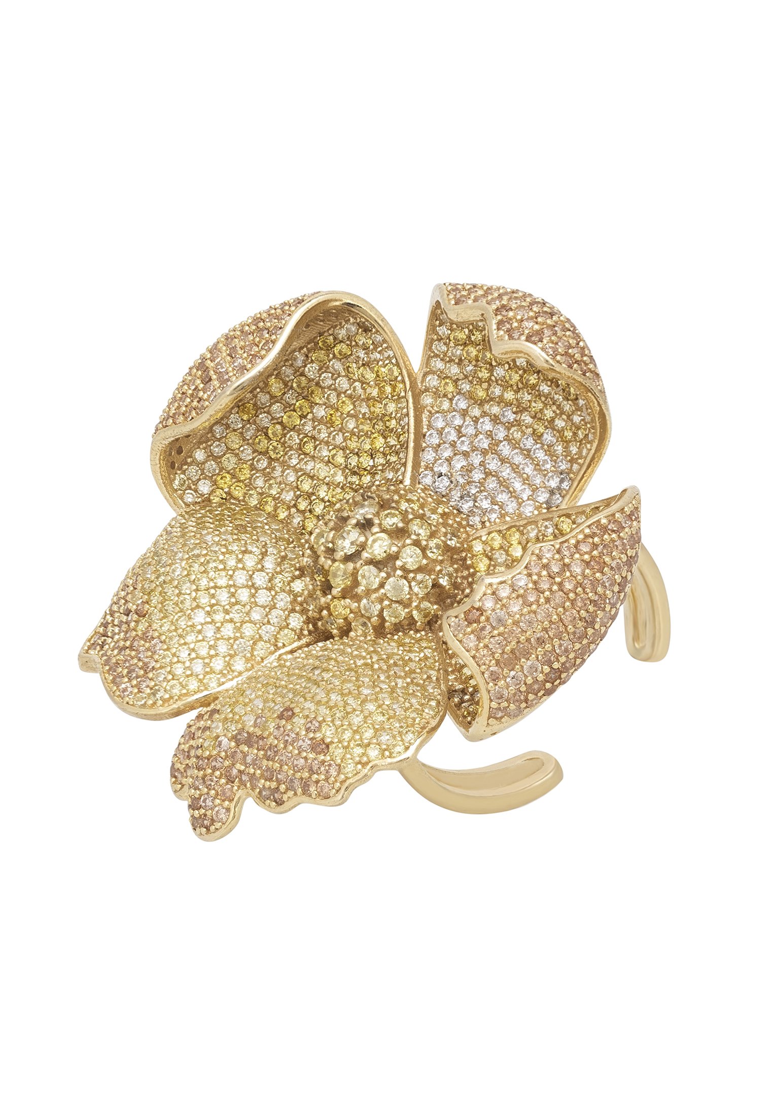 A stunning gold cocktail ring featuring a poppy flower design with sparkling cubic zirconia in shades of yellow and white.