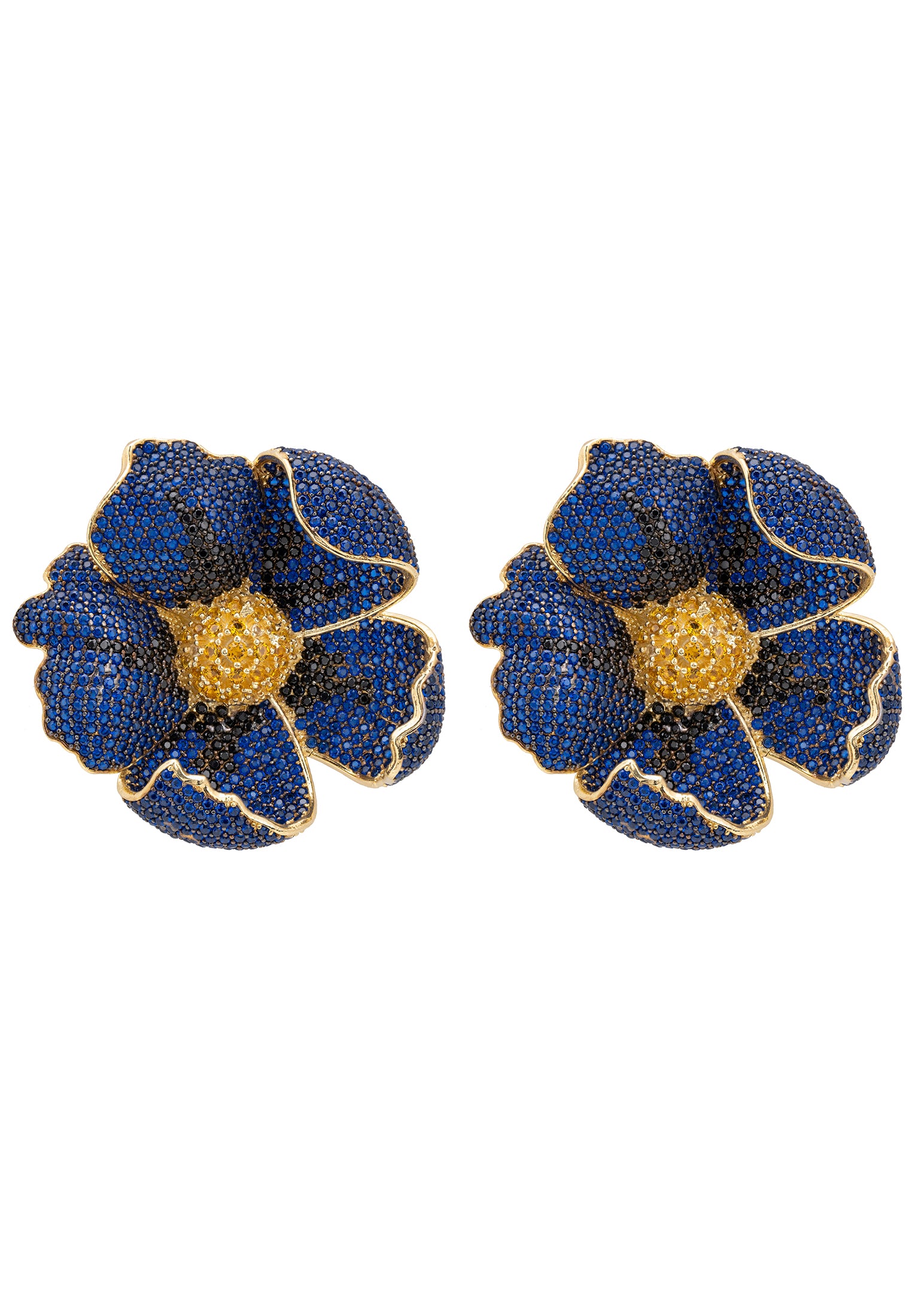 Elegant Poppy Sapphire Blue Earrings Gold with cubic zirconia, featuring a floral design and 22ct gold finish.