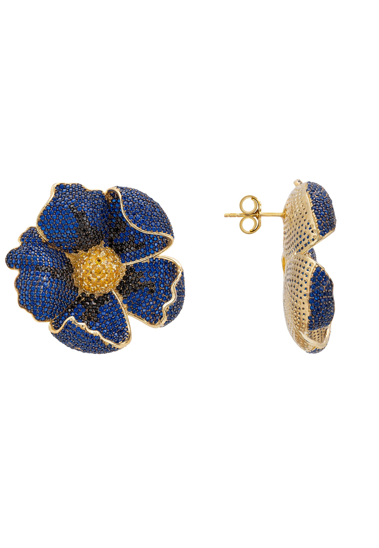 Elegant Poppy Sapphire Blue Earrings Gold with cubic zirconia, featuring a floral design and 22ct gold finish.