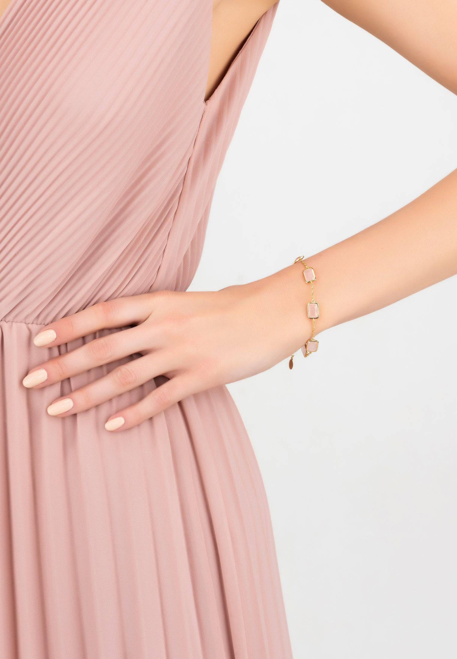 Portofino Bracelet featuring gold and rose quartz cabochons on a fine chain, showcasing elegant European design.