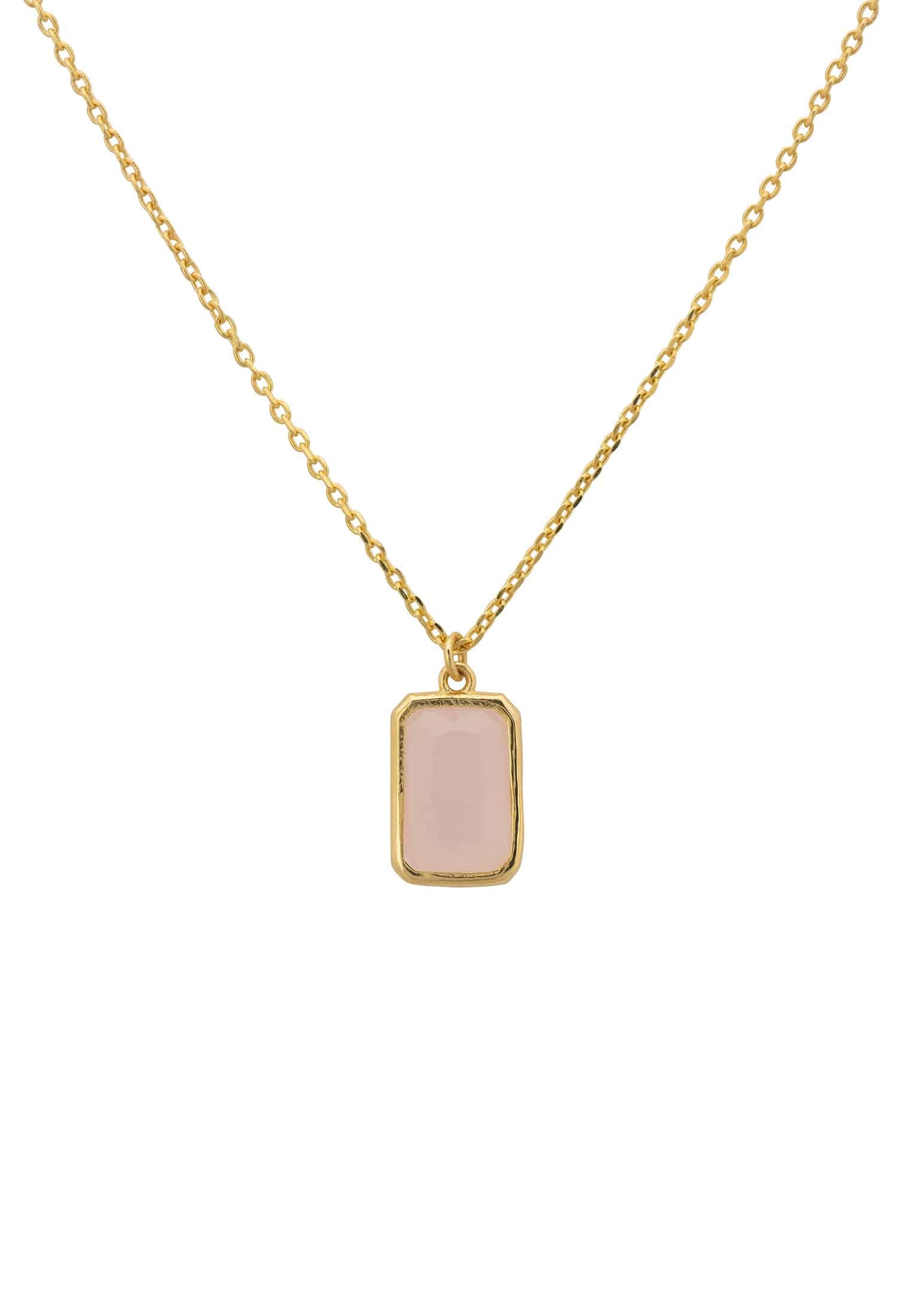 Elegant Portofino Necklace featuring a rectangular rose quartz gemstone set in 22ct gold-dipped sterling silver.