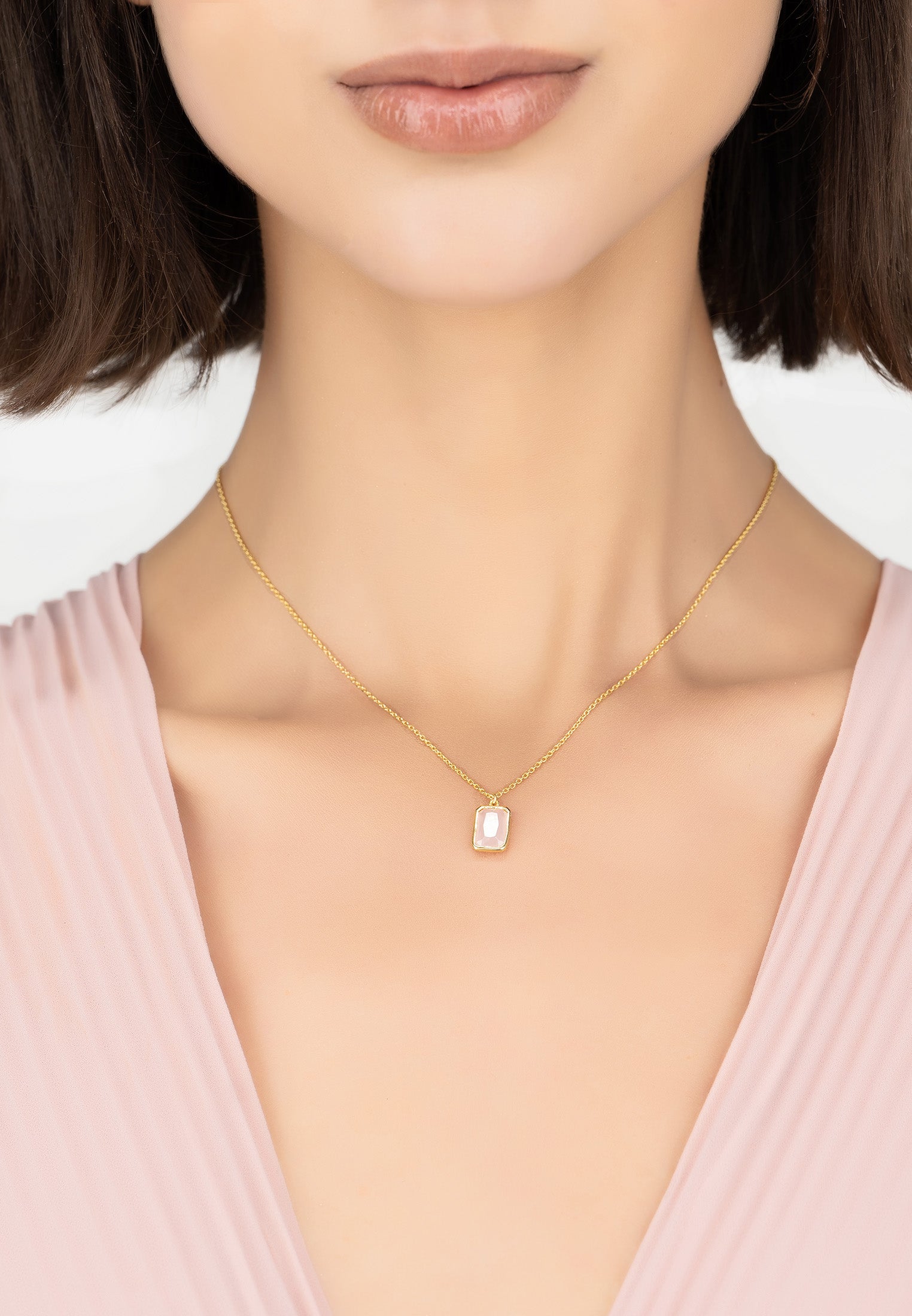 Elegant Portofino Necklace featuring a rectangular rose quartz gemstone set in 22ct gold-dipped sterling silver.