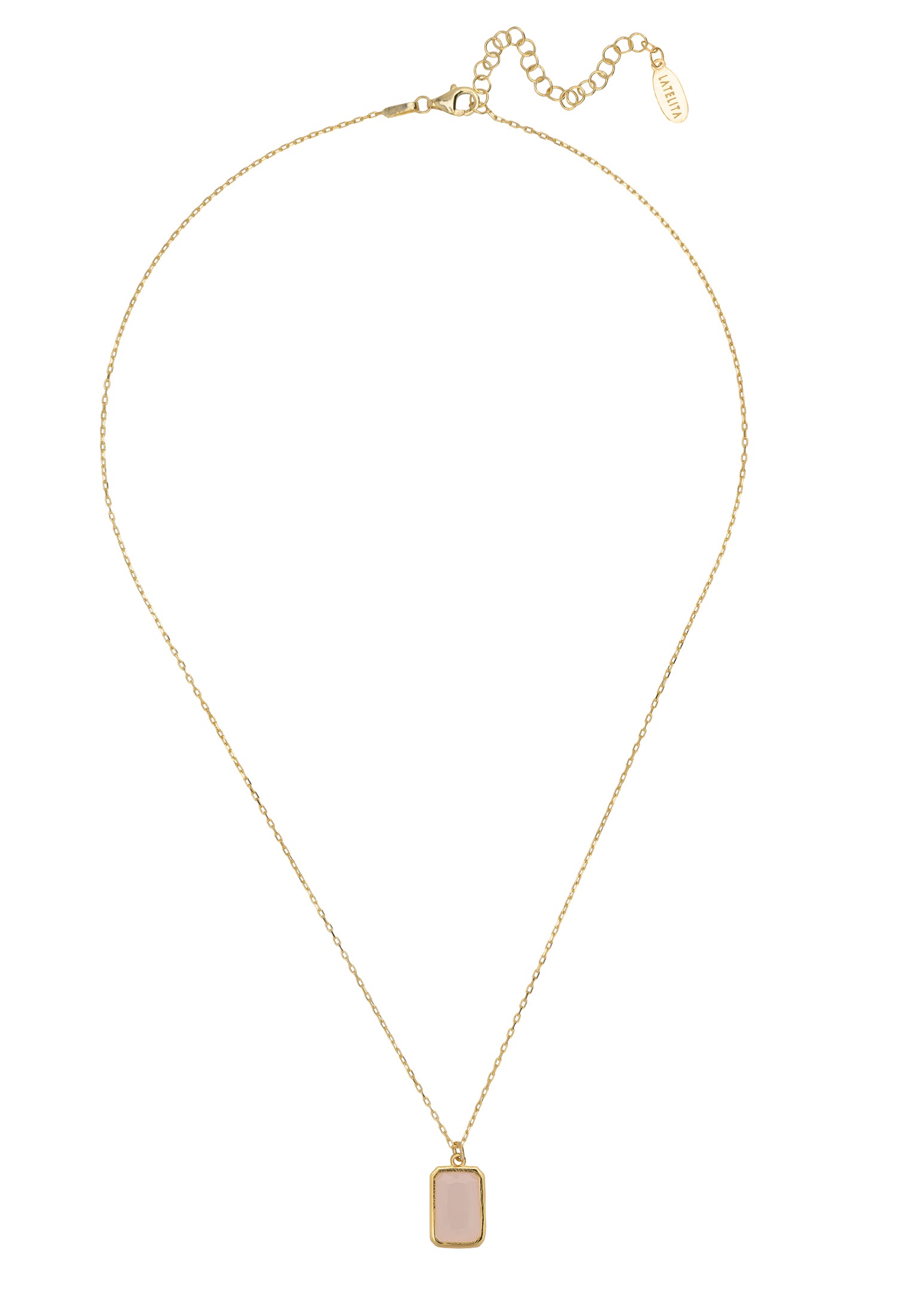 Elegant Portofino Necklace featuring a rectangular rose quartz gemstone set in 22ct gold-dipped sterling silver.