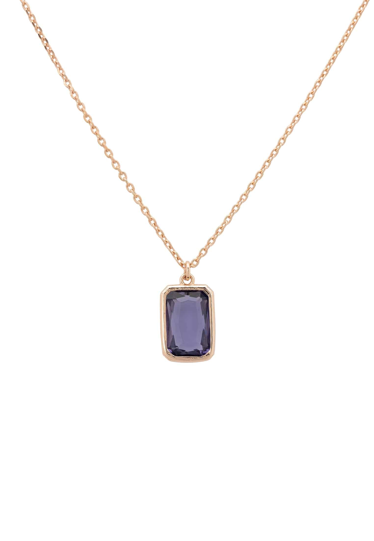 Portofino Necklace featuring a rectangular amethyst gemstone set in a 22ct rosegold dipped sterling silver frame, elegantly displayed.