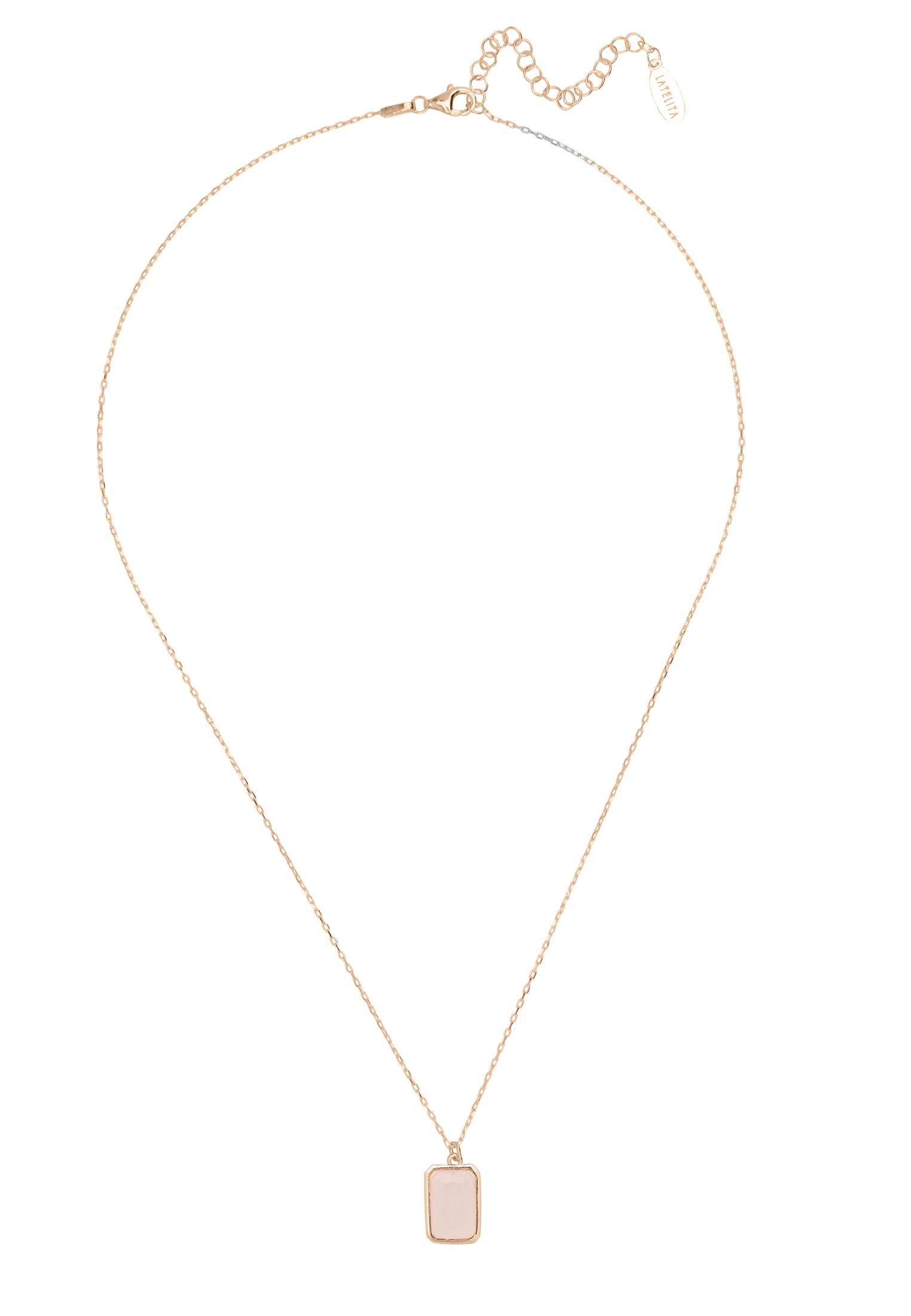 Portofino Necklace featuring a rectangular Rose Quartz gemstone in a luxurious rosegold setting, elegantly designed for everyday wear.