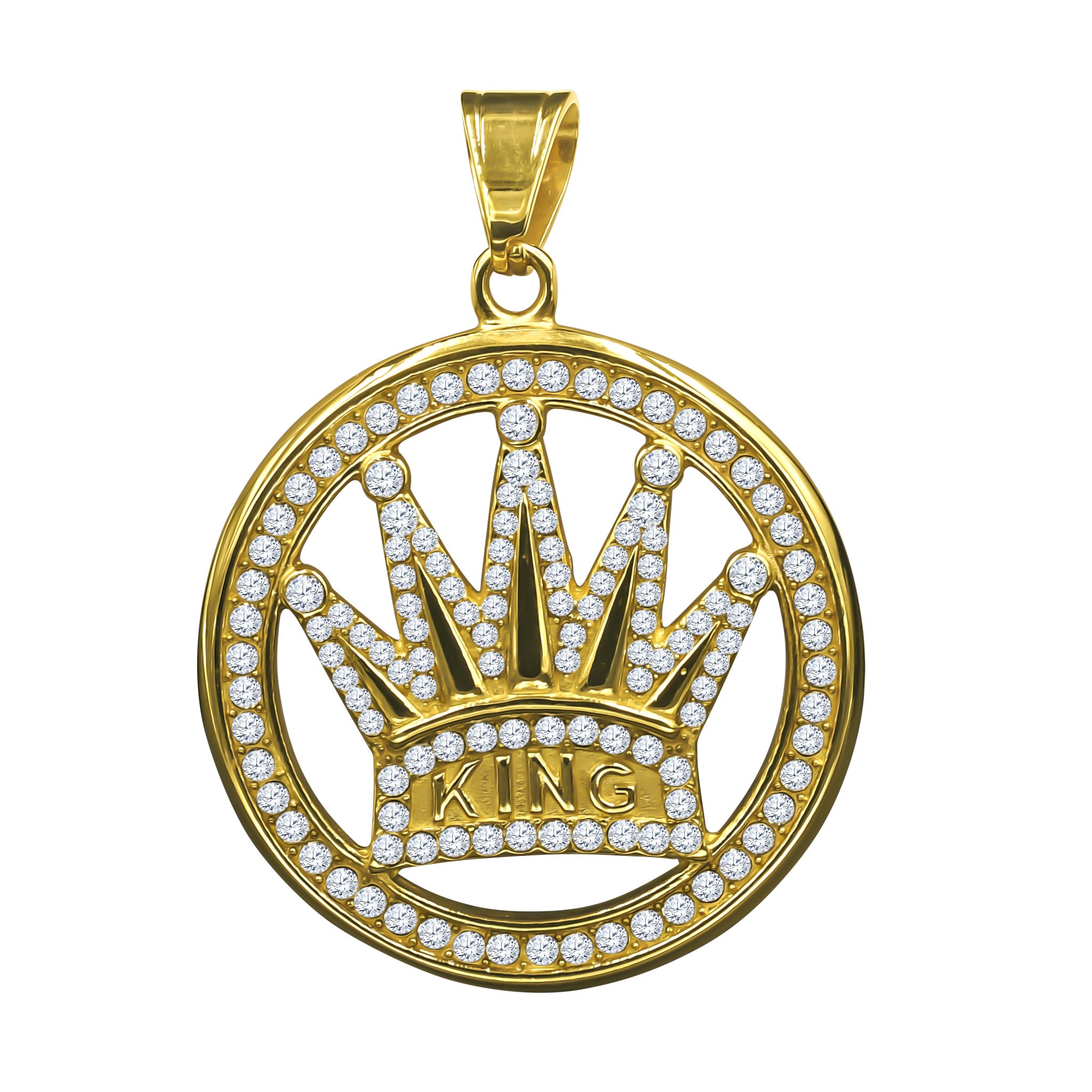 POUVOIR Pendant I 9310092 featuring a circular design with a crown and embellished with sparkling cubic zirconia stones.