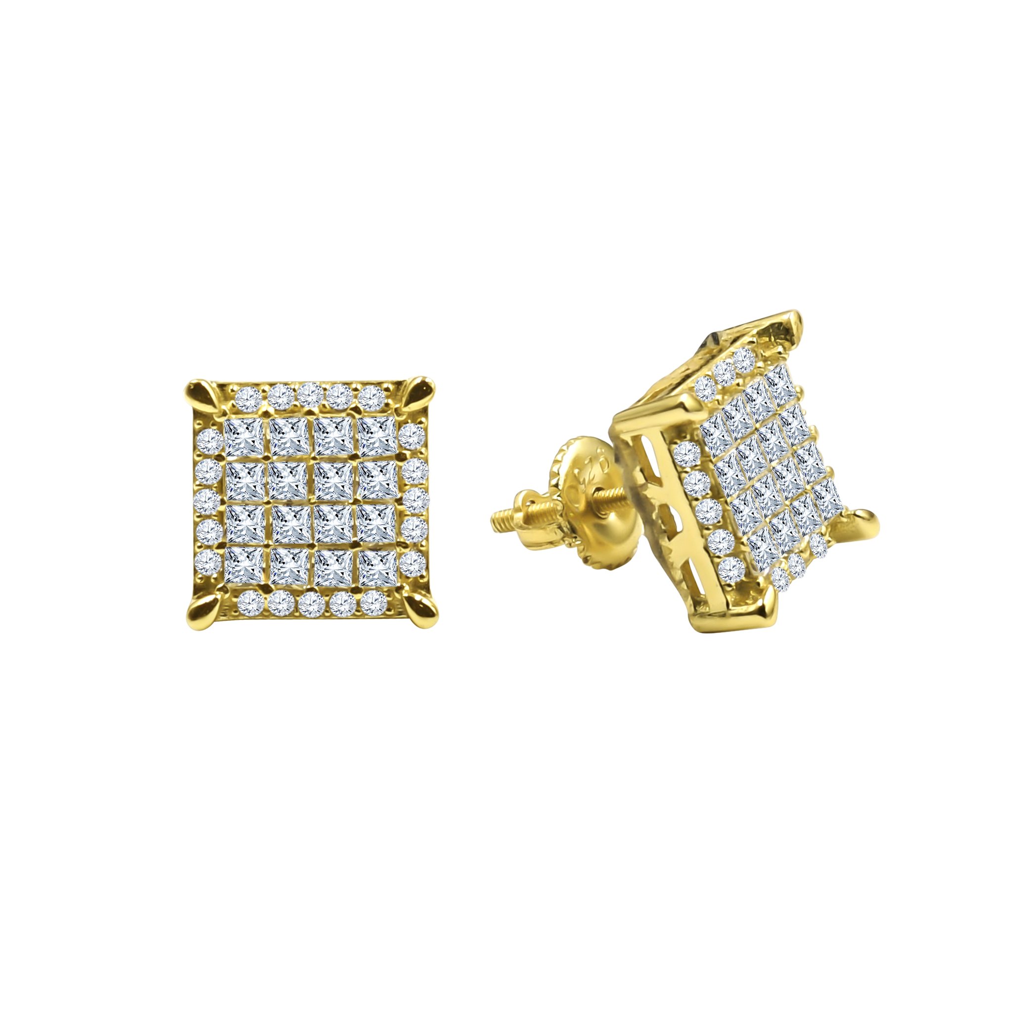 Precinct Screw Back earrings featuring gold finish and bright silver cubic zircon stones, elegantly designed for a stylish look.