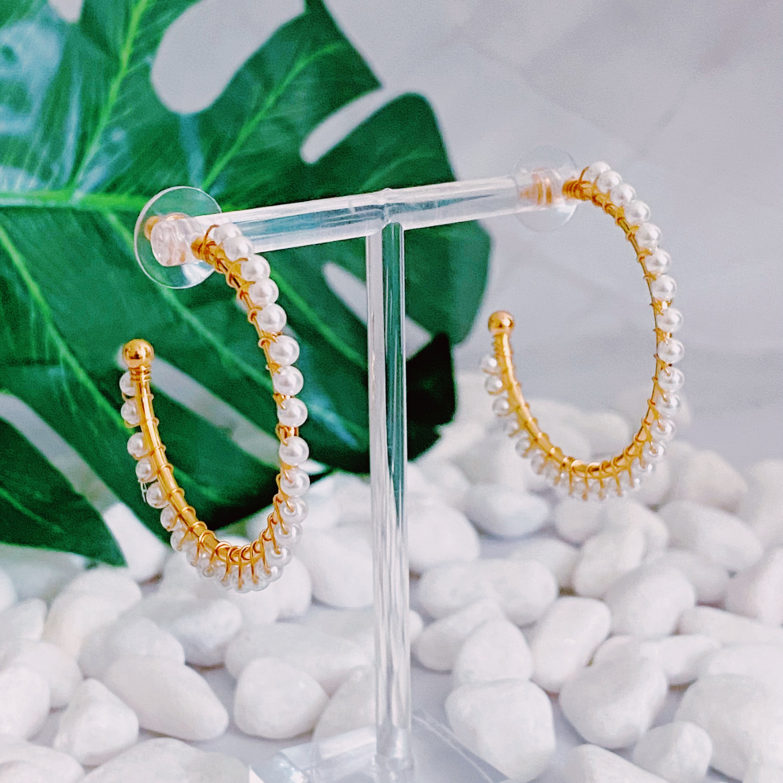 A pair of elegant Precious Pearl Bead Hoop Earrings featuring hand wired pearl beads and 18K gold plated brass, perfect for any occasion.