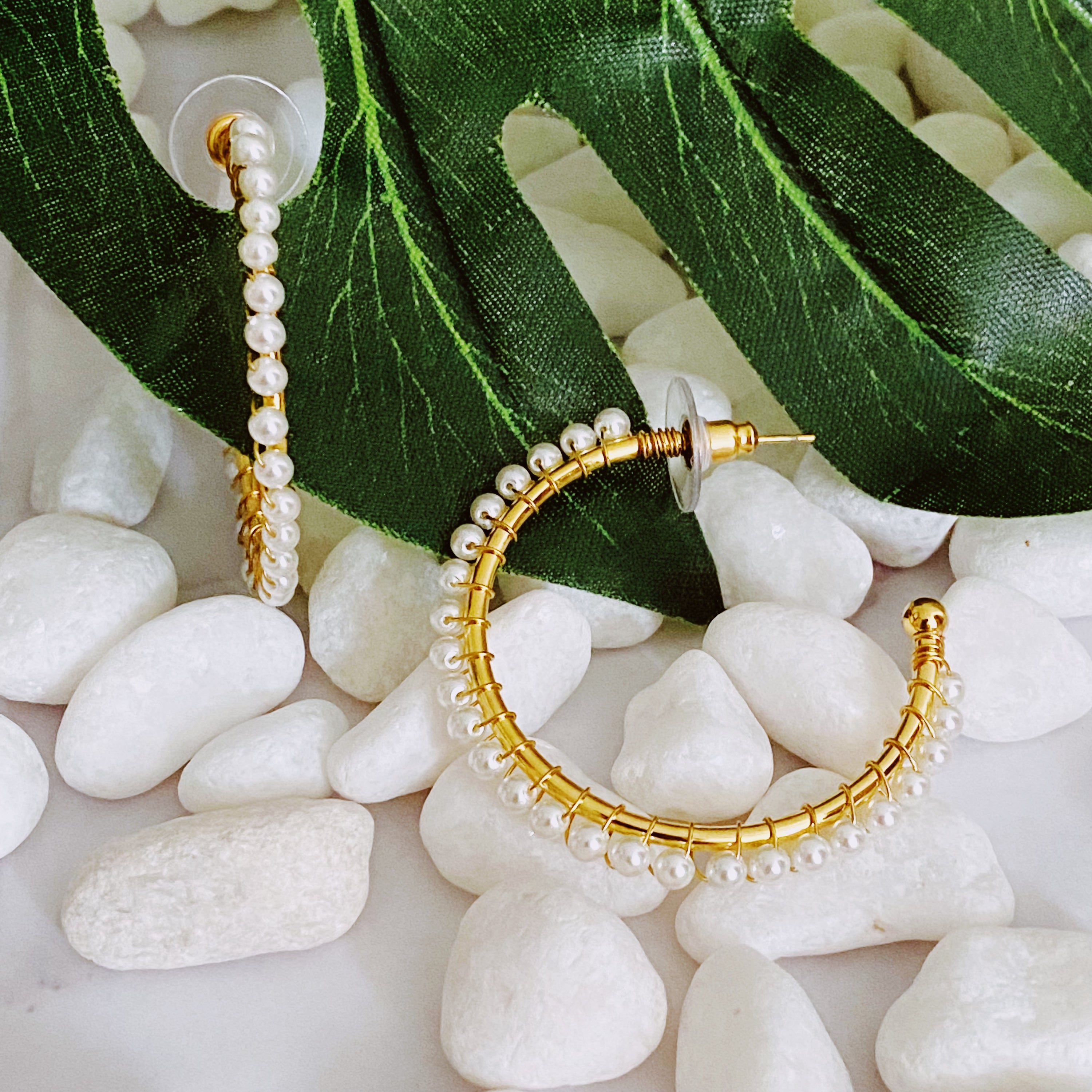 A pair of elegant Precious Pearl Bead Hoop Earrings featuring hand wired pearl beads and 18K gold plated brass, perfect for any occasion.