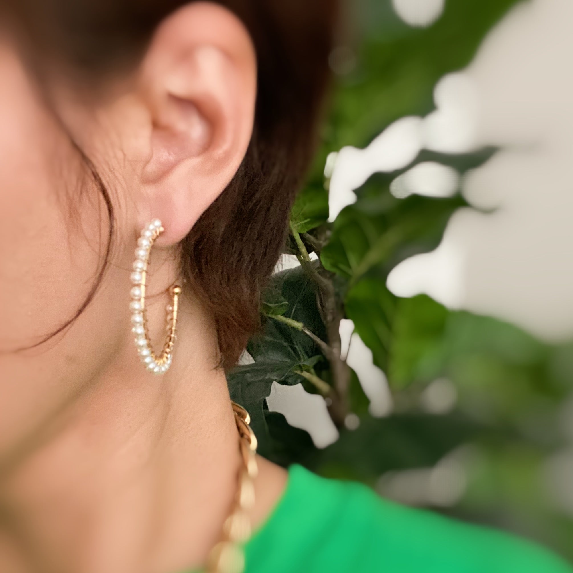 A pair of elegant Precious Pearl Bead Hoop Earrings featuring hand wired pearl beads and 18K gold plated brass, perfect for any occasion.