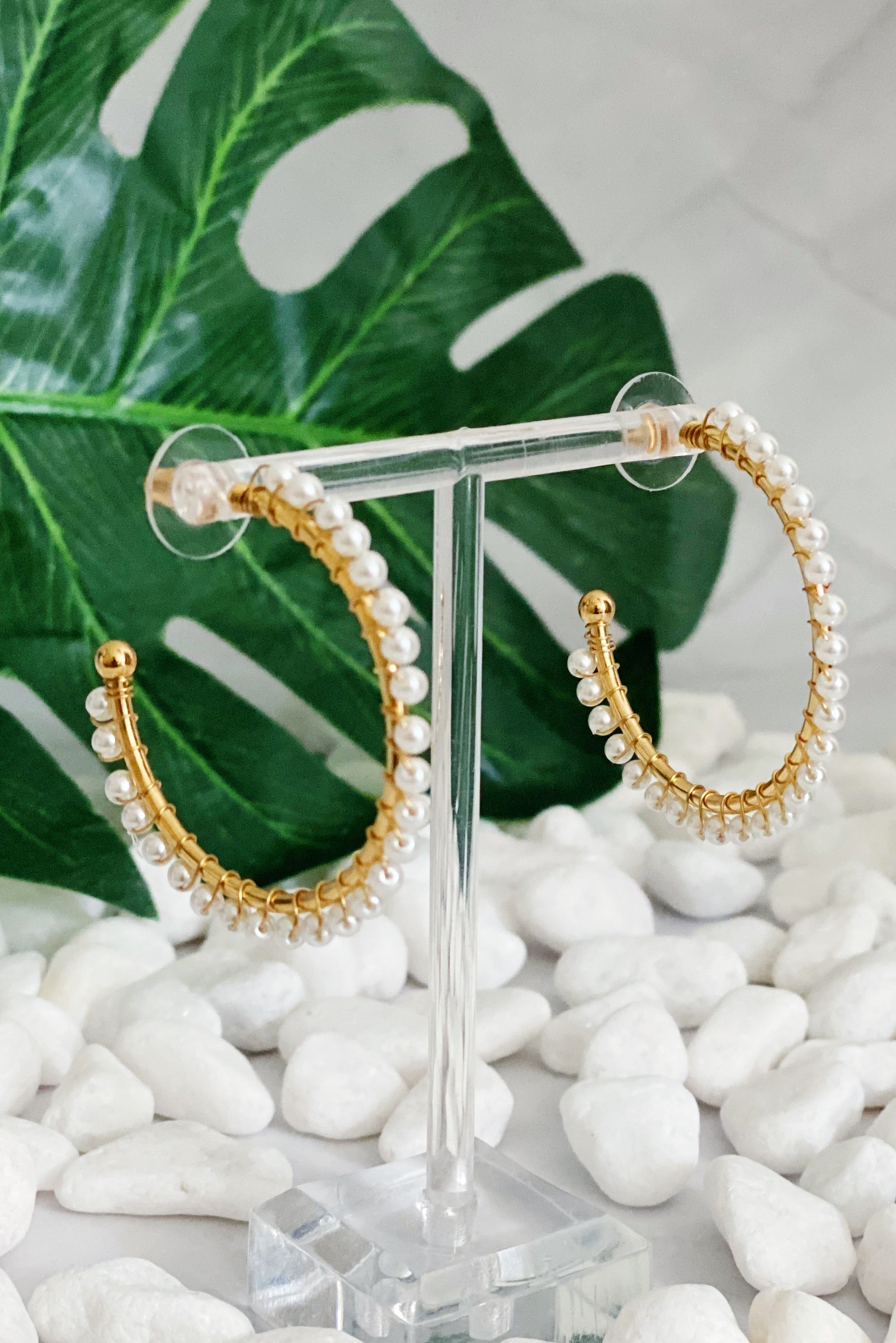 A pair of elegant Precious Pearl Bead Hoop Earrings featuring hand wired pearl beads and 18K gold plated brass, perfect for any occasion.