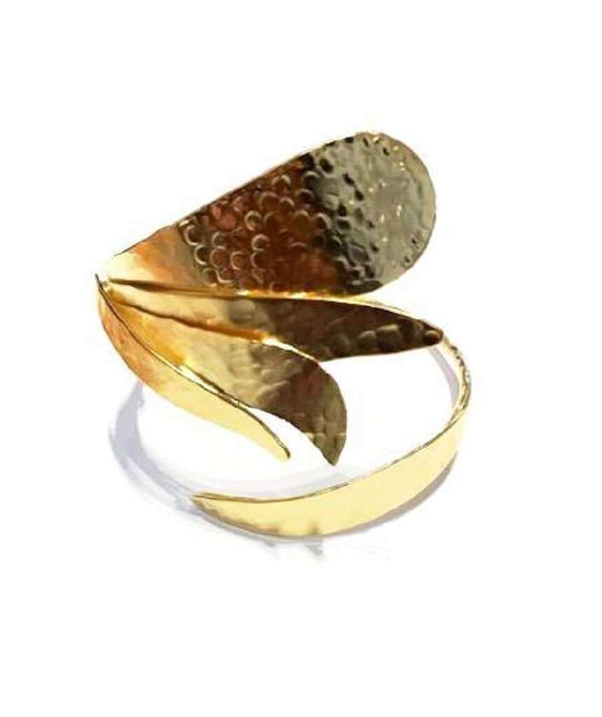 Premium Hammered Bracelet featuring a unique leaf design, handmade in Greece, crafted from 18 kt gold plated brass.