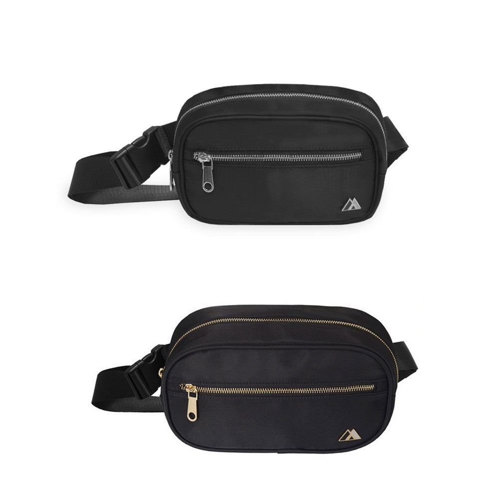 A stylish and functional PREMIUM WAIST PACK LARGE featuring zippered compartments and an adjustable strap, perfect for outdoor activities.