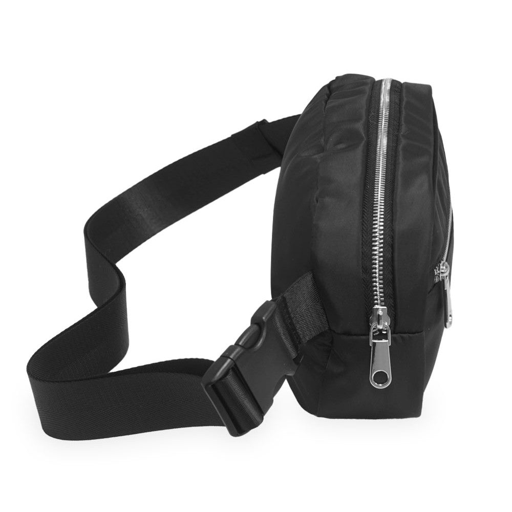 A stylish and functional PREMIUM WAIST PACK LARGE featuring zippered compartments and an adjustable strap, perfect for outdoor activities.