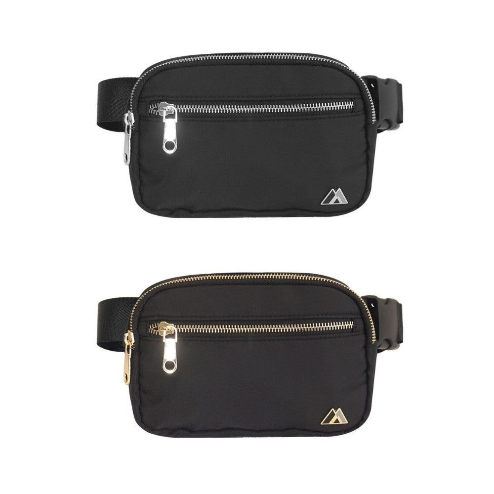 Premium Waist Pack Large in black with zippered compartments and adjustable strap, showcasing polished chrome zippers.