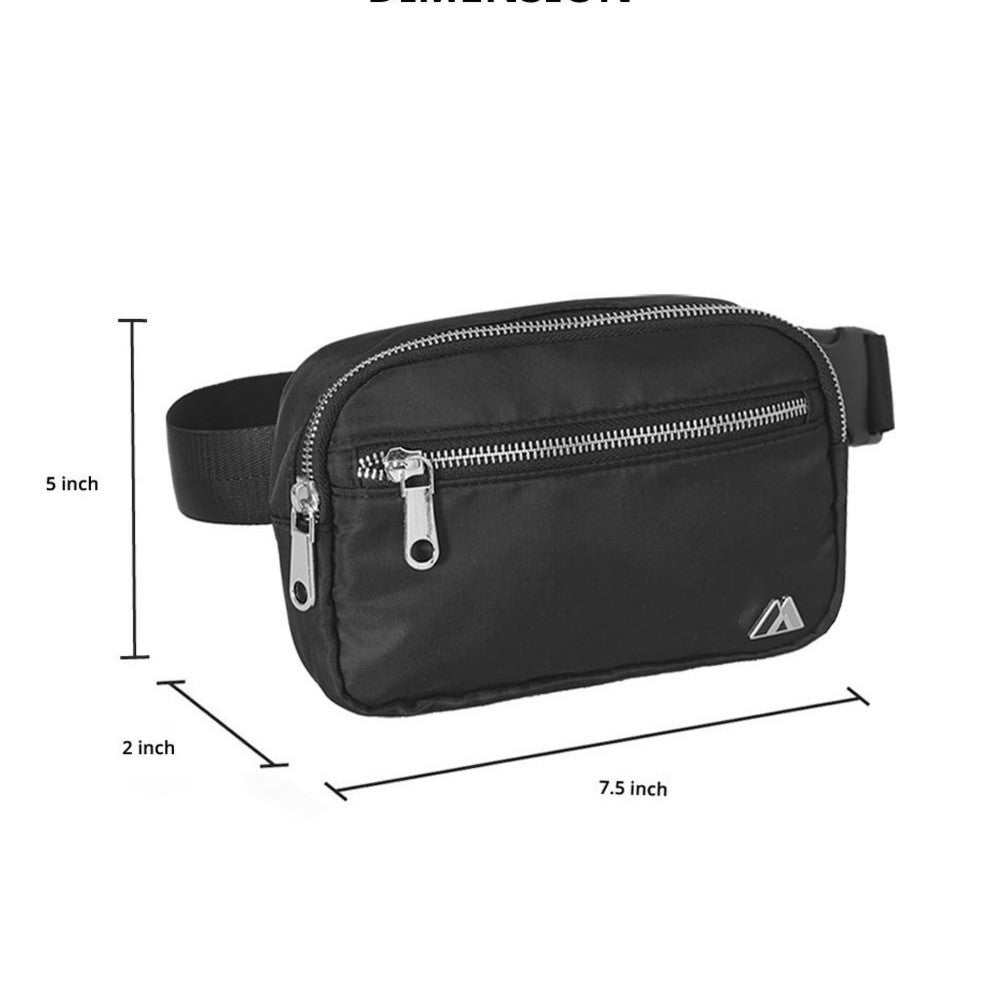 Premium Waist Pack Large in black with zippered compartments and adjustable strap, showcasing polished chrome zippers.