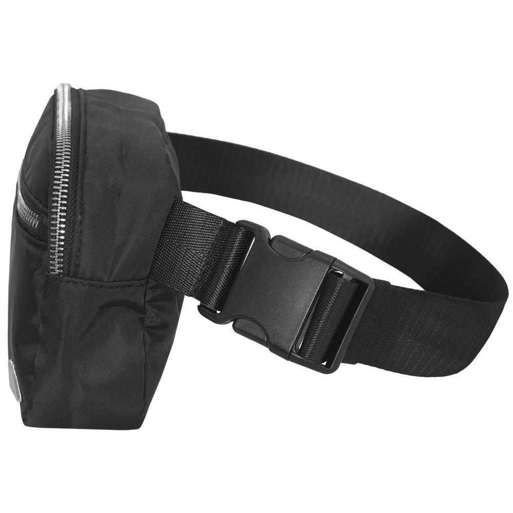 Premium Waist Pack Large in black with zippered compartments and adjustable strap, showcasing polished chrome zippers.