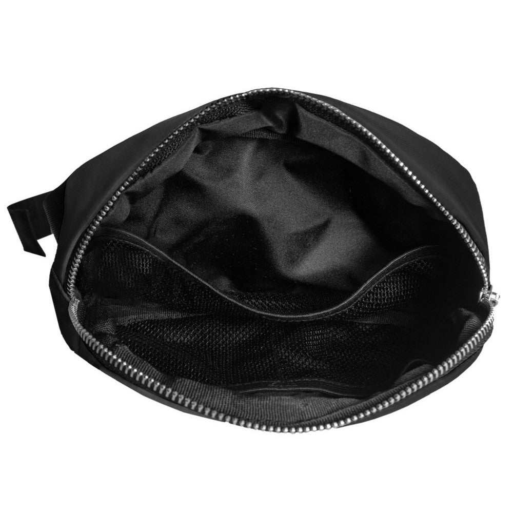 Premium Waist Pack Large in black with zippered compartments and adjustable strap, showcasing polished chrome zippers.