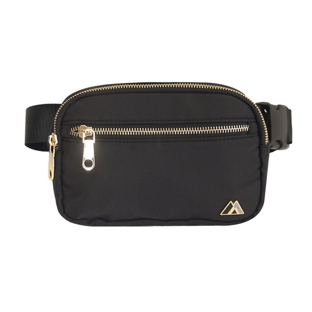 Premium Waist Pack Large in black with zippered compartments and adjustable strap, showcasing polished chrome zippers.