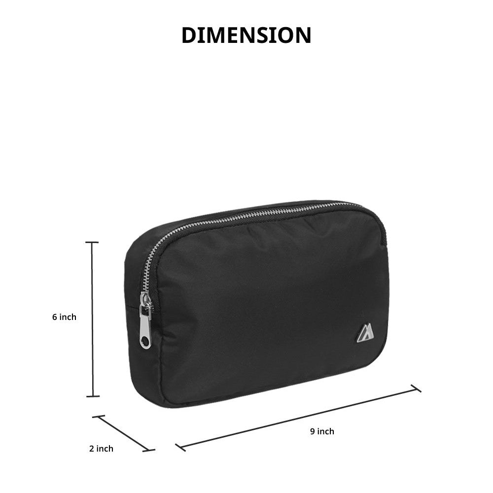 A stylish and functional PREMIUM WAIST PACK LARGE in black, featuring polished chrome zippers and an adjustable waist strap.