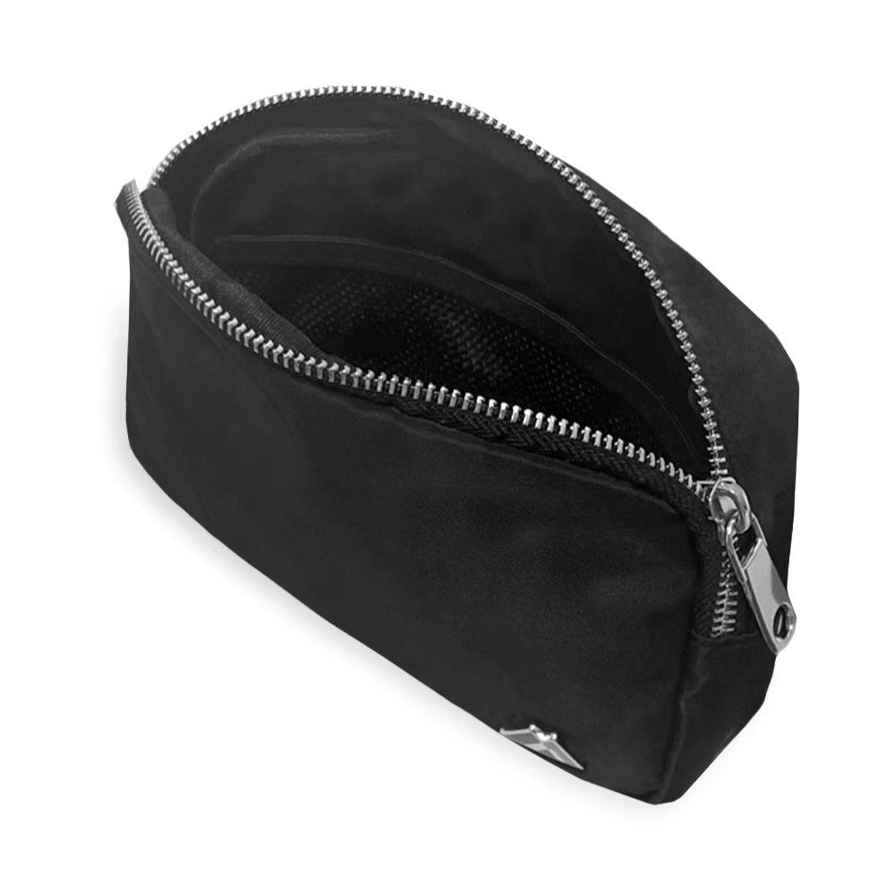 A stylish and functional PREMIUM WAIST PACK LARGE in black, featuring polished chrome zippers and an adjustable waist strap.